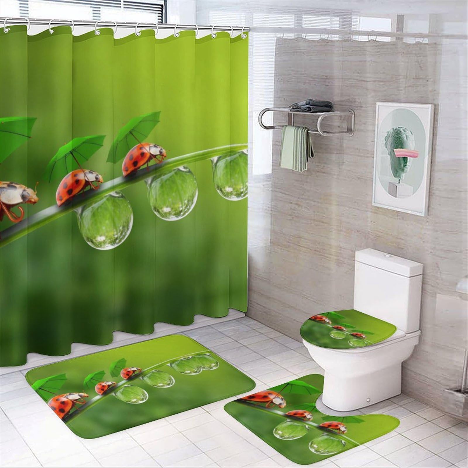JZemdybill Bathroom Mat Set 4 Piece, Ladybug Ladybird Green Landscape Shower Curtain with Non-Slip Bath Mats for Bathroom