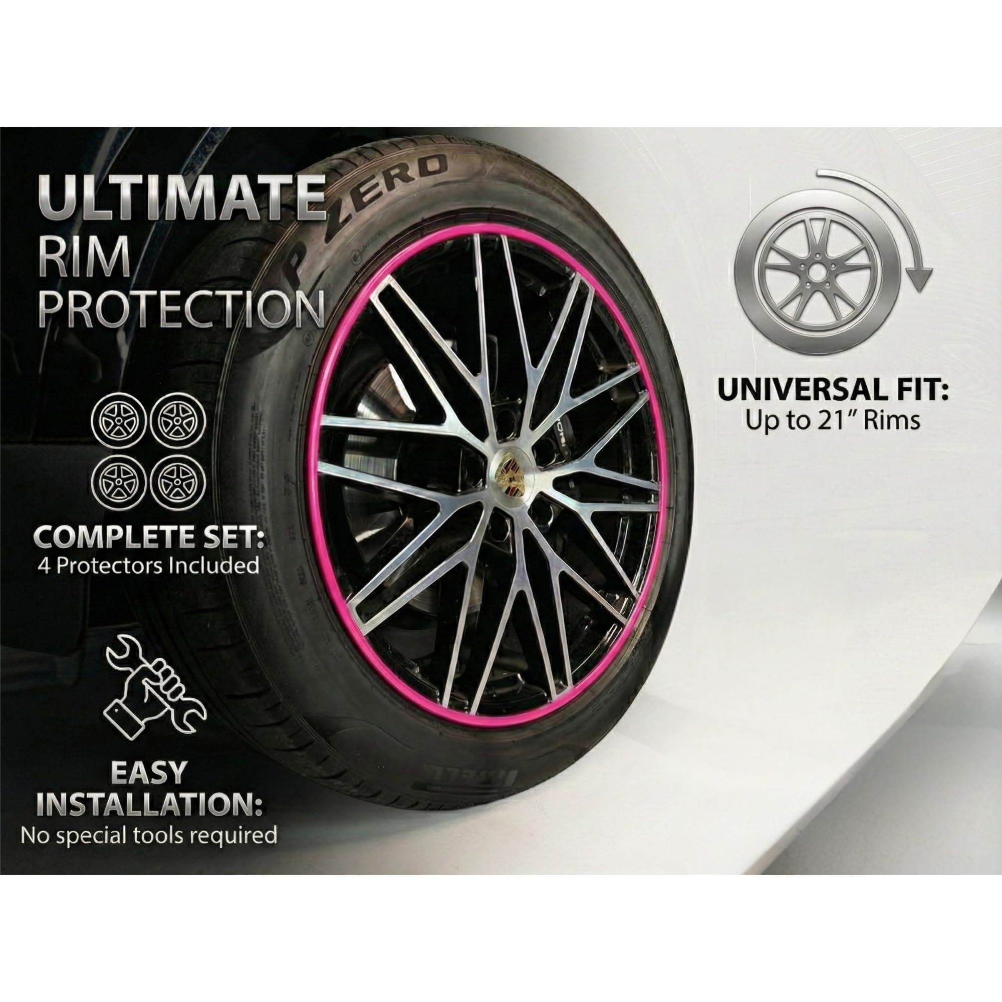 Rim Protector Kit Pink for Car Wheels – Alloy Wheel Guard Strip Kit Fits up to 21" Rims | Set of 4 Rim Protectors | Easy to Install Curb Rash Defense for Rims