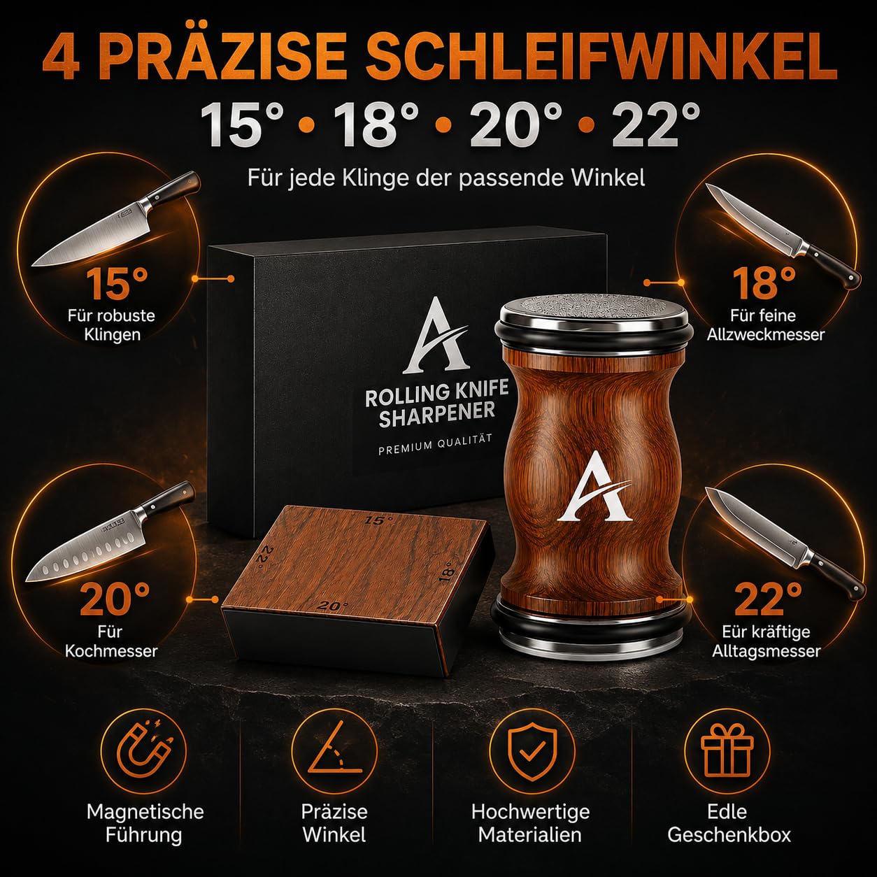 Pro Messerschärfer Bester, Mehrere Blickwinkel Magnetischer Rollschleifer Set - Messerschleifer mit Industriediamant, 15&18&20&22 Grad Schleifwinkel, Küchenmesserschärfer für Alle Stahlhärten