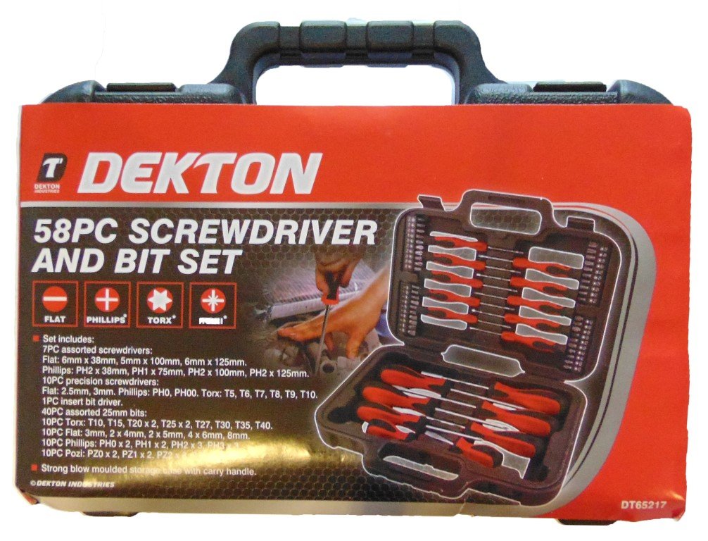 Dekton 58pc Screwdriver and Bit Set - Srong Blow Molded Storage Case with Carry Handle, Red