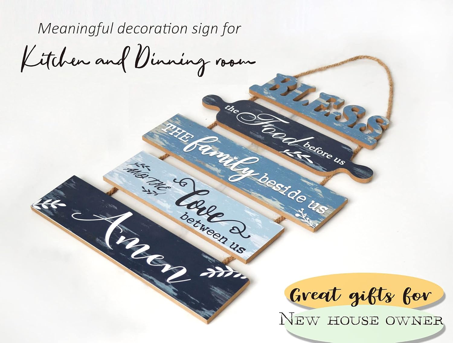 Buecasa Bless the Food Before Us Farmhouse Kitchen Wall Decor - Dining Room Decorations Collage Art in Teal Blue Color - Wooden Rustic 5pcs Roped Sign 13x24 Inches Vertical