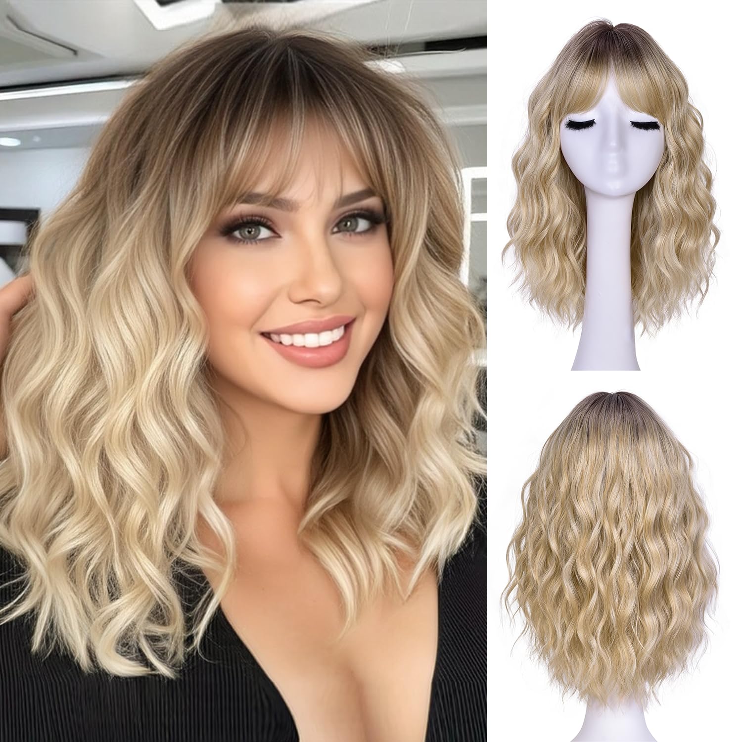 Short Wavy Wig with Bangs for Women Curly Wigs Natural Wavy Synthetic Wigs for Daily Party Cosplay (Ombre Blonde)