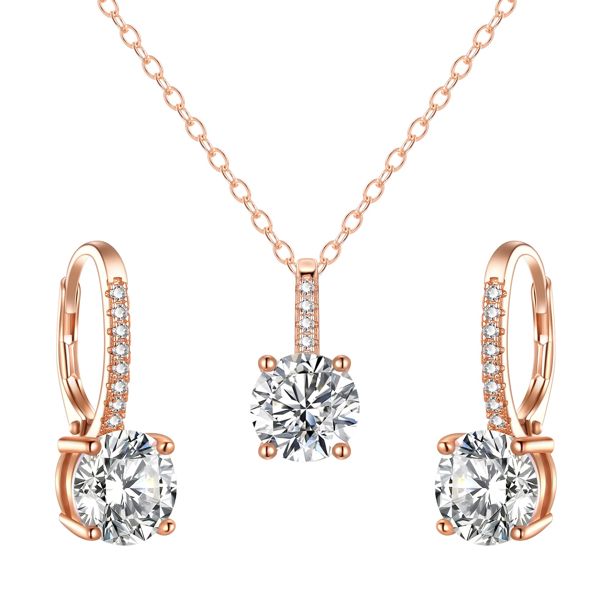 EVER FAITH Cubic Zirconia Schmuck-Set 925 Sterlingsilber funkelnder Rundschliff weißer Geburtsstein hypoallergen Verlobungs Halskette und Ohrring Set