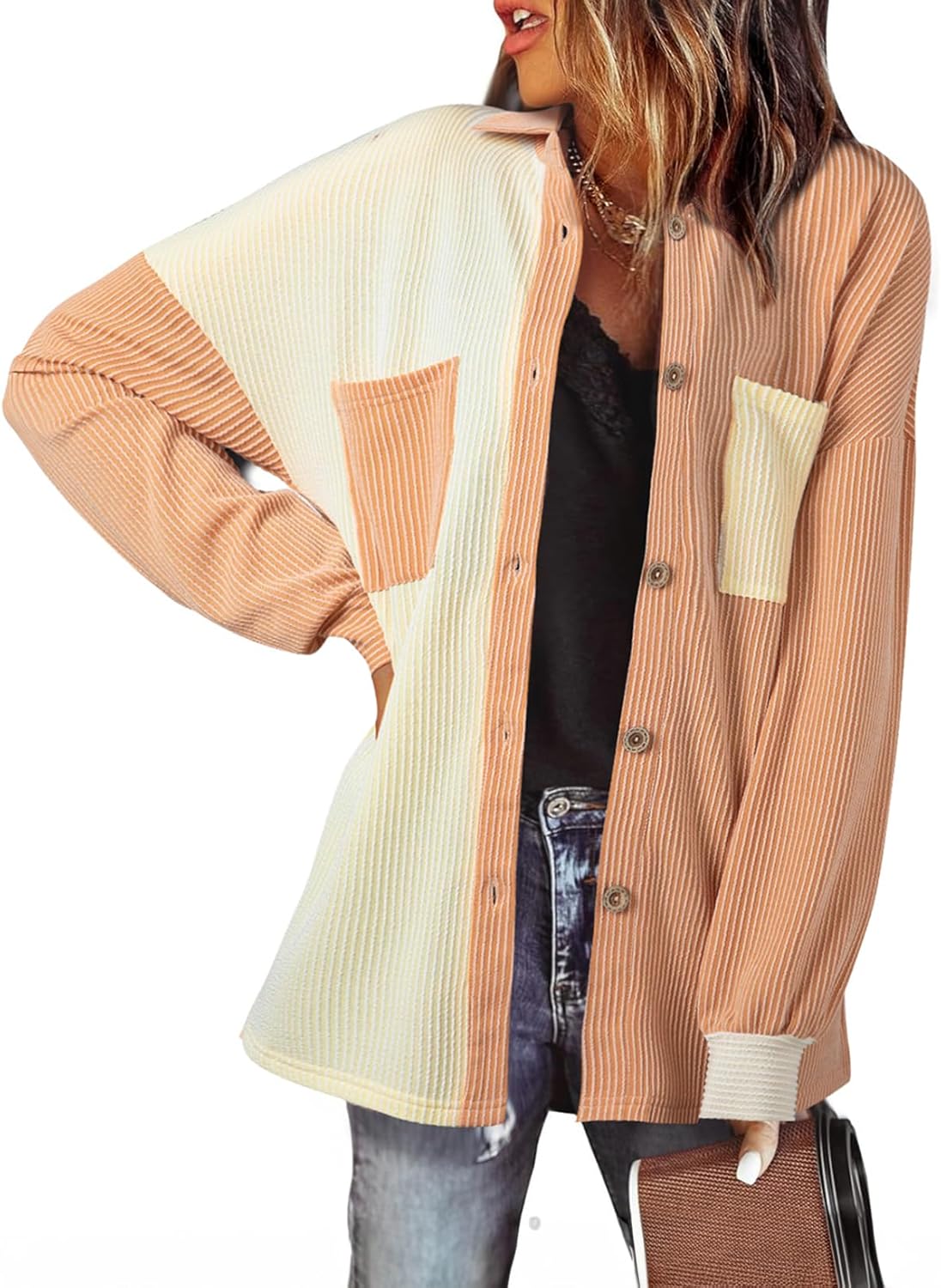 (Large) EVALESS Lightweight Jackets for Women Trendy Long Sleeve Button Down Knit Shacket Jacket Fall 2024 Color Block Shirts Clothes Large Camel