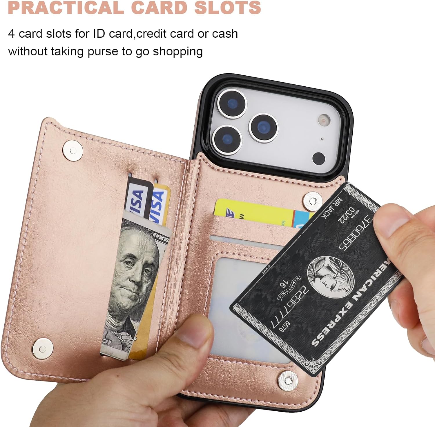 ONETOP Compatible with iPhone 17 Pro Max Wallet Case with Card Holder, PU Leather Kickstand Card Slots Case, Double Magnetic Clasp and Durable Shockproof Cover 6.9 Inch (Rose Gold) - Image 4