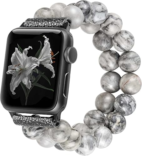 fastgo Pulsera de cuentas compatible con Apple Watch Band de 1.92, 1.77, 1.73 y 1.654 pulgadas, correa elástica de piedra natural, hecha a mano,