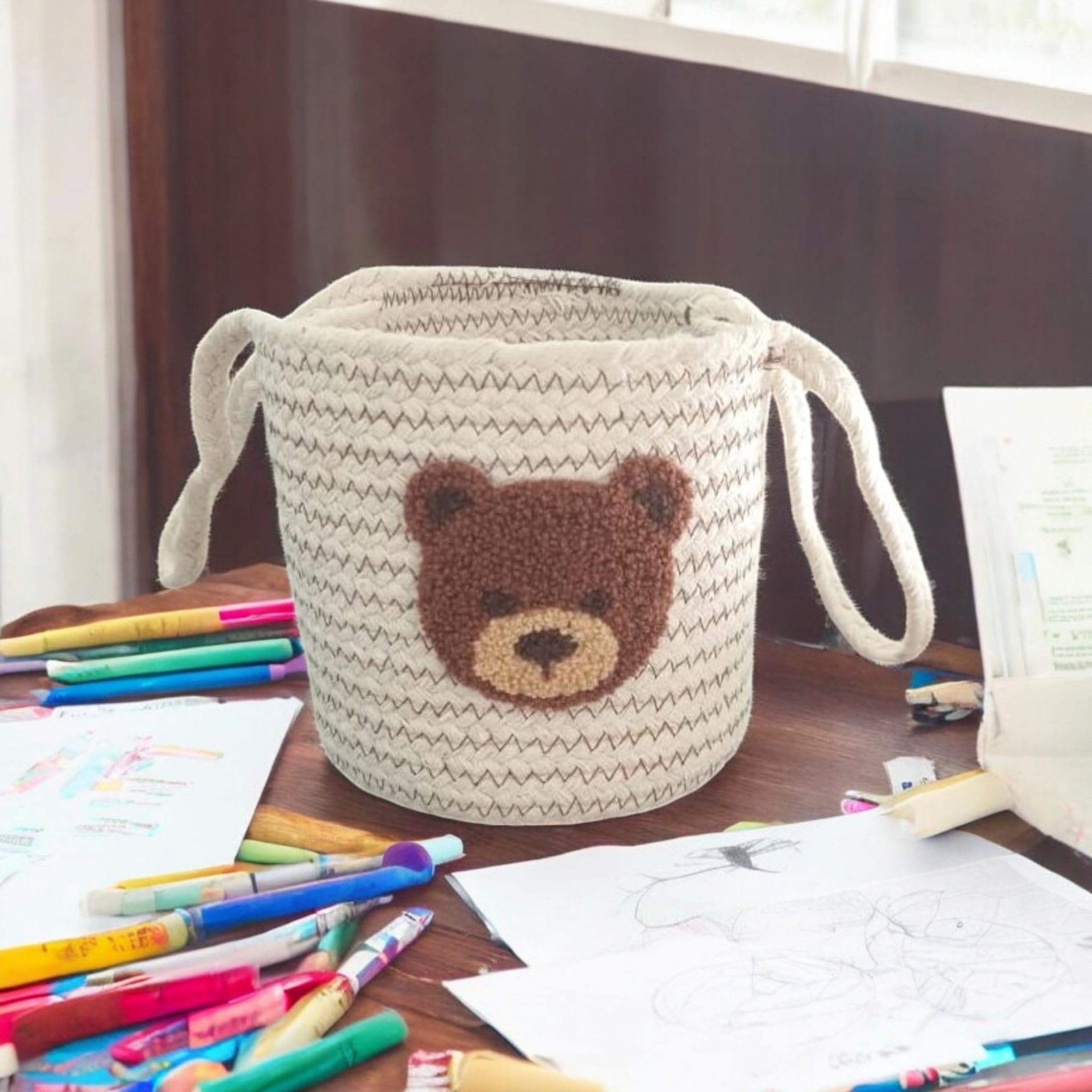 Kids Storage Basket with Bear Design, Braided Cotton, 15 x 15 cm, White-image-21