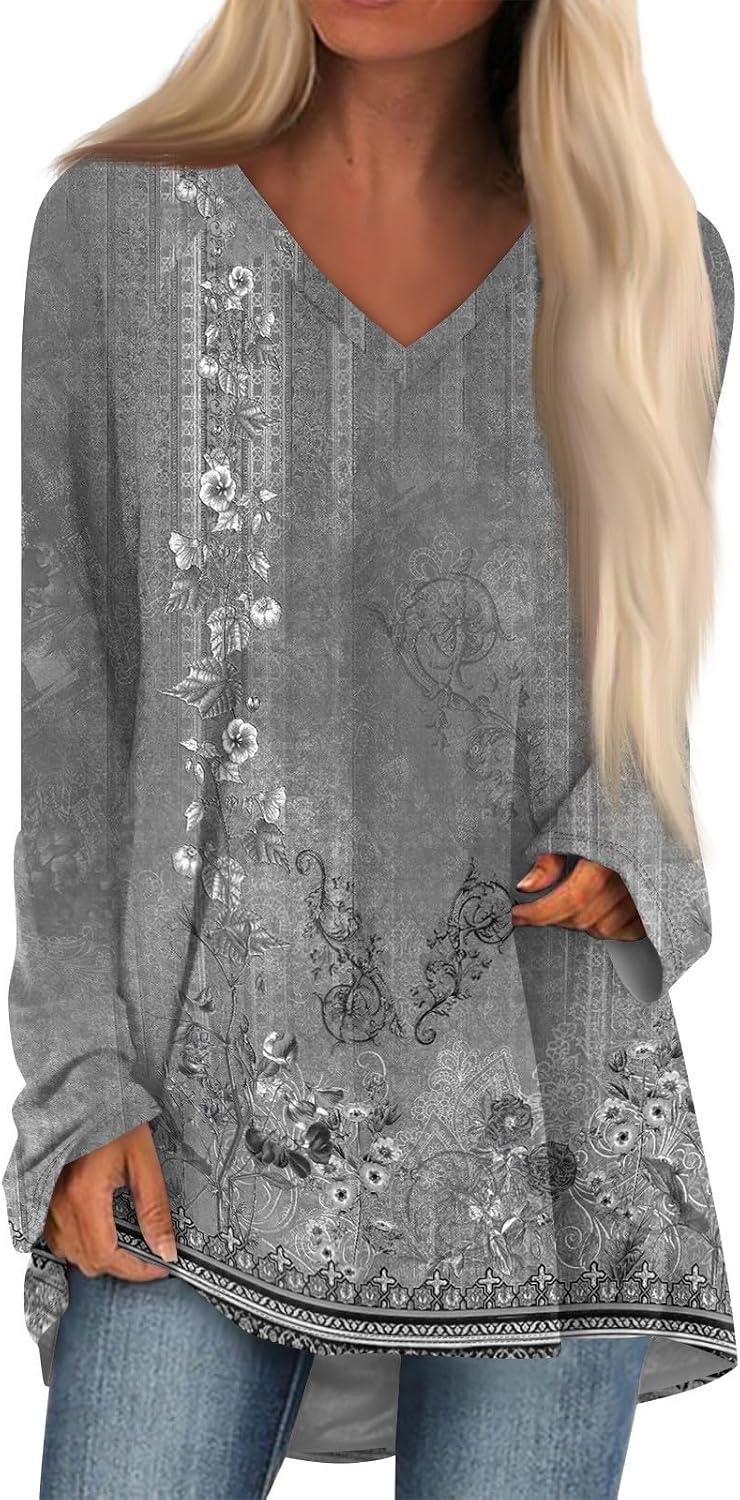 Women's Cute Tops, Casual Long Sleeve V Neck Loose Fit Blouses Floral Print Dressy Shirts, S-5XL