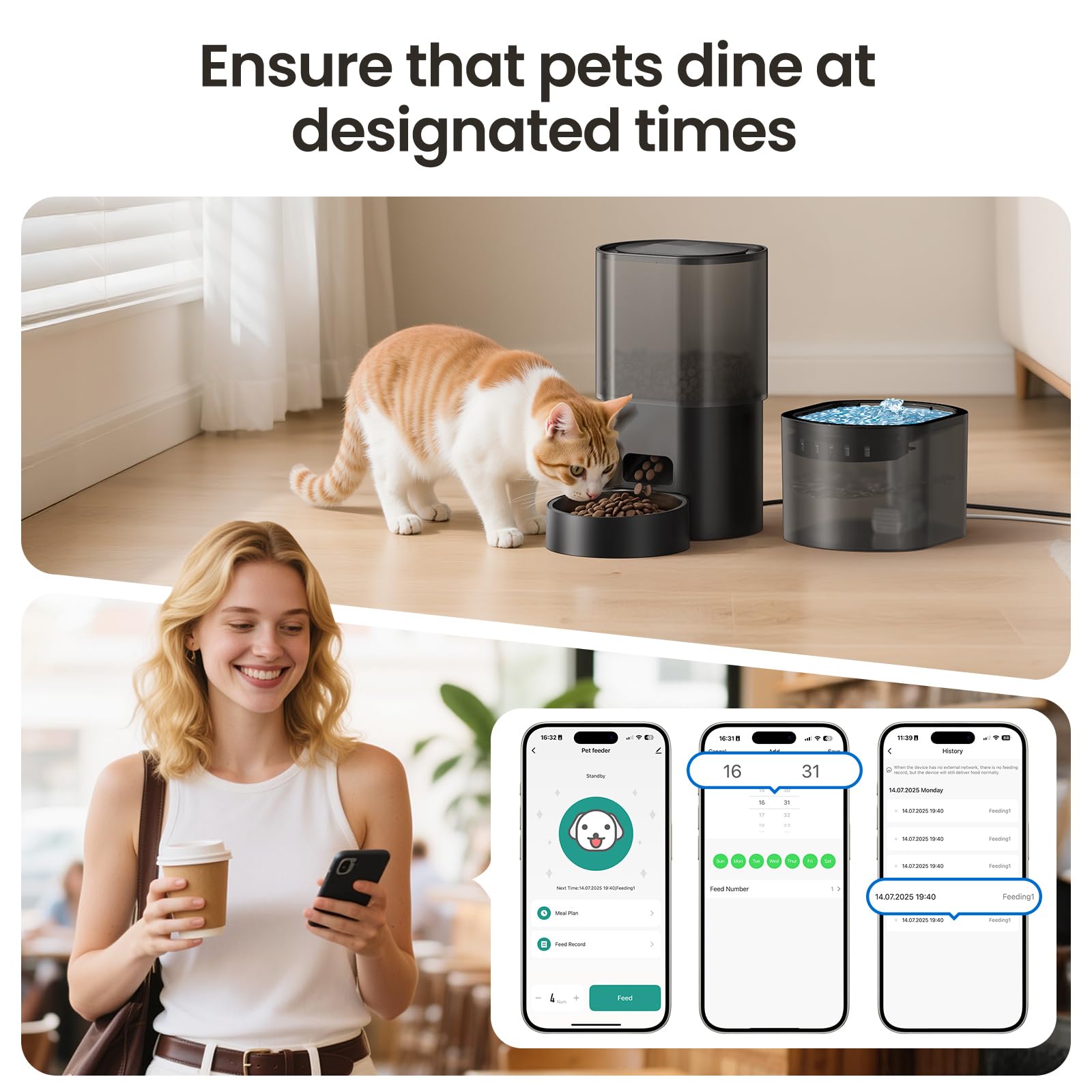 Automatic Cat Feeder and Water Fountain 5G WiFi Cat Food Dispensers, APP Remote Control, Programmable Timed Feeding,Dry Food Smart Feeder 10s Voice Recorder, 1-10 Meals/Day for Cats Small Dogs