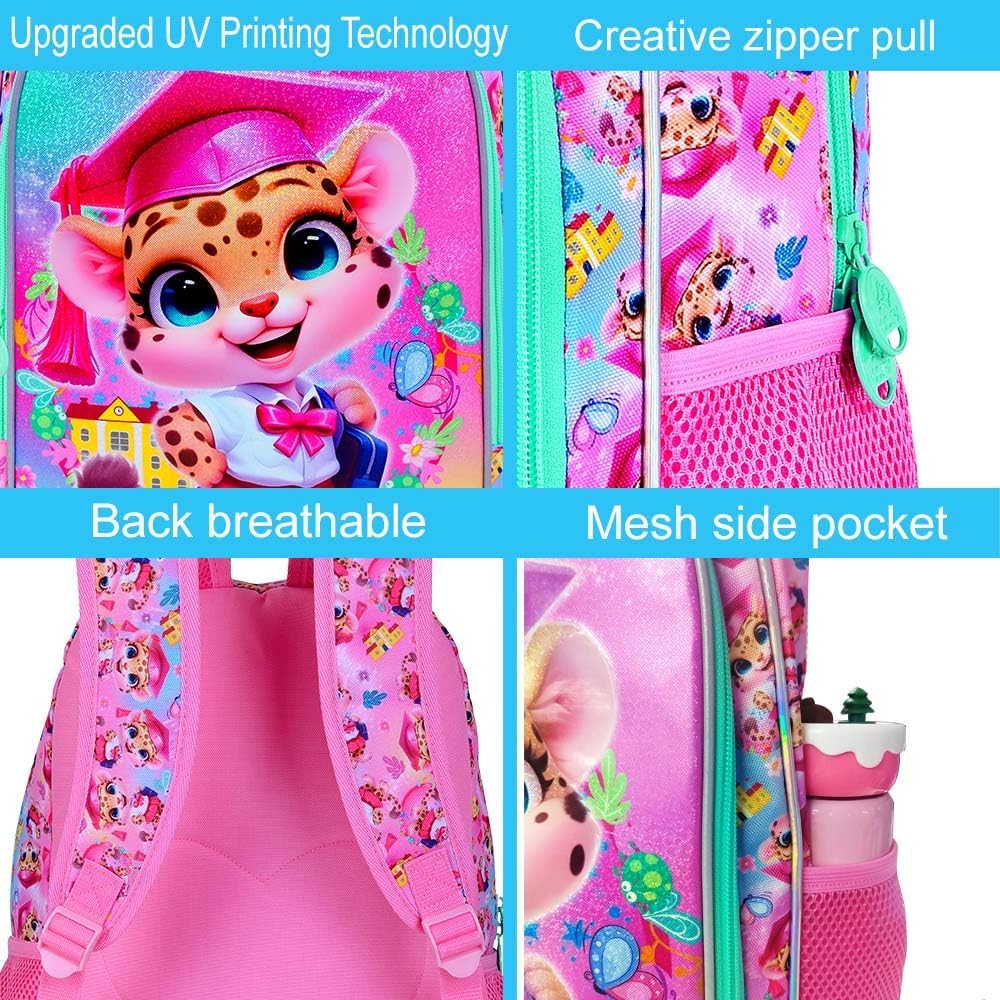 3PCS Leopard Bookbag for Girls, 16" Kids Backpack with Lunch Box, Water Resistant Elementary Prechool Toddler Shool Bag - Pink Dr. Leopard - Image 5