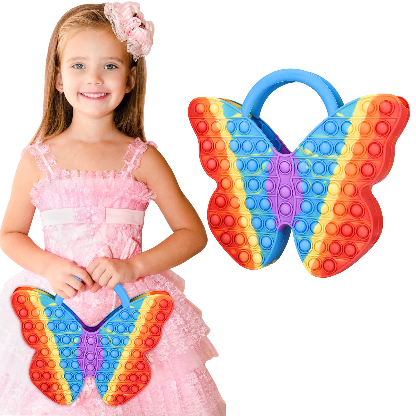 Push Pop/Pop It Rainbow Butterfly Bag for Kids, Sensory Fidget Pop It Bag, Stress Relief Bag for Girls & Toddlers