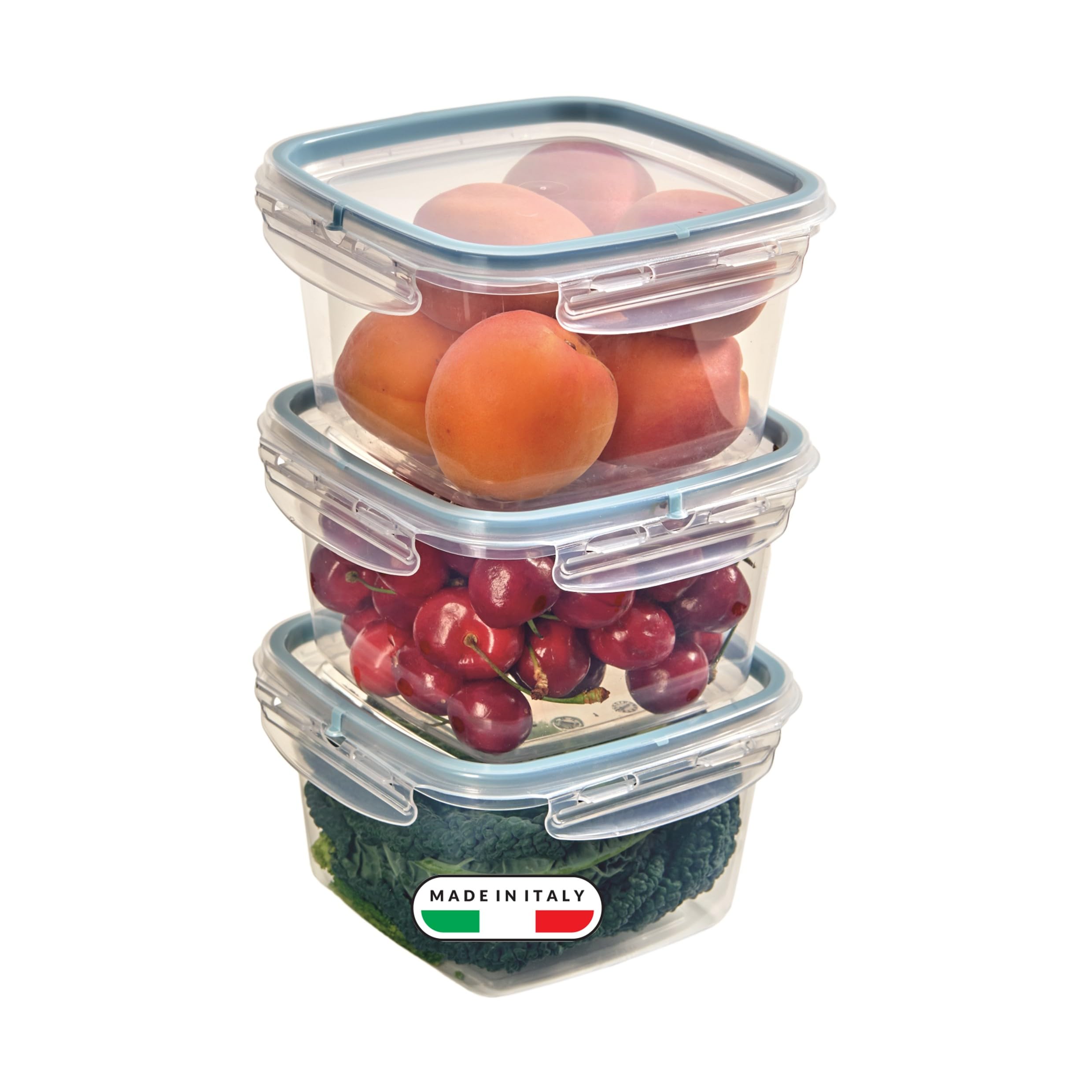 Snips - Set 3 Contenitori per Alimenti 1L Trasparenti, Coperchio Salva Freschezza con 4 Chiusure di Sicurezza - Contenitore per Cibi 14,7x14,7x12 Frigorifero, Microonde e Lavastoviglie, Made in Italy