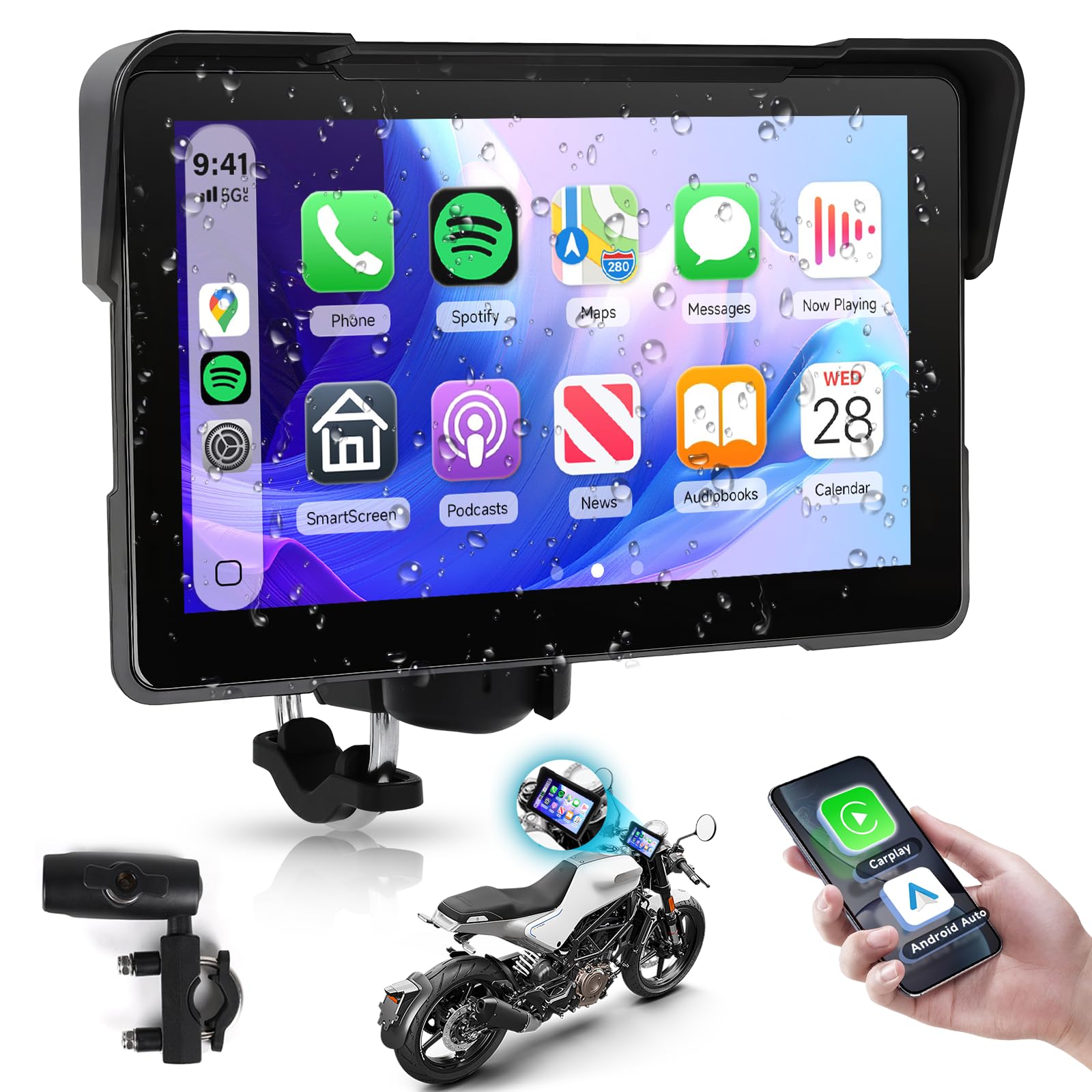 Rimoody 7 Inch Motorcycle Carplay Screen with Wireless Carplay Android Auto for Car, IP67 Waterproof Touchscreen, GPS Navigation, Supports Dual Bluetooth Transmission/EQ Sound Control/Voice Control