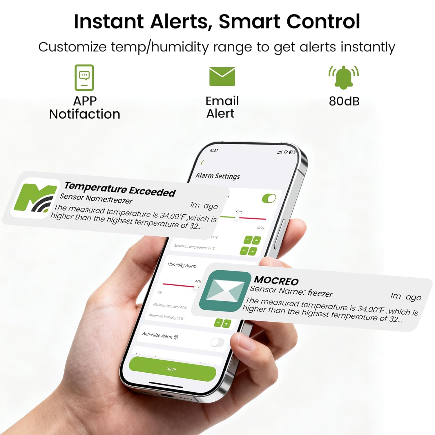 MOCREO WiFi Reptile Hygrometer Indoor Thermometer, Smart Humidity and Temperature Sensor, Remote Monitor with App & Email Alerts, 2-Year Free Data Export, 80DB Beep, for Greenhouse Incubator