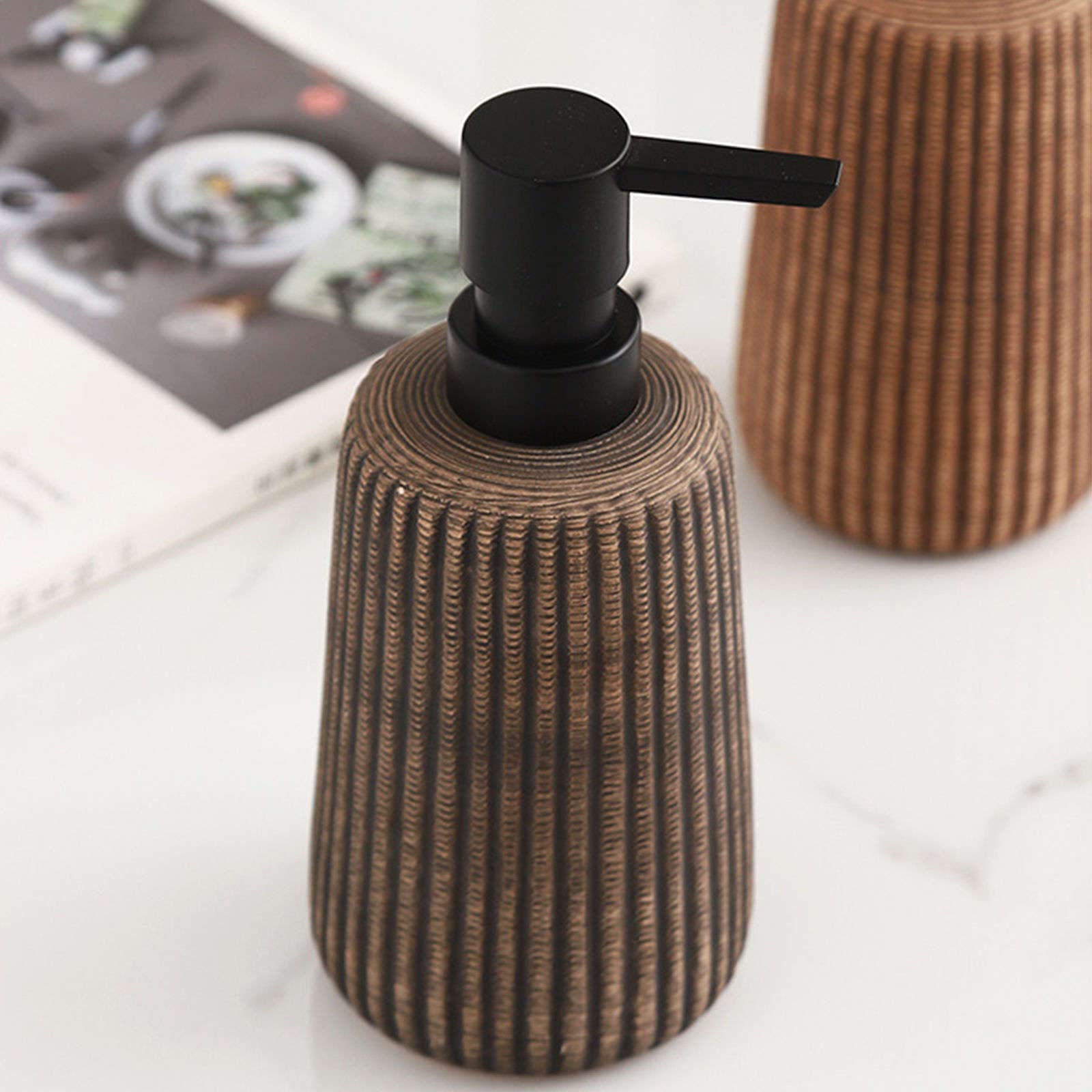 dispenser per sapone, Distributore di sapone, distributore lozione in ceramica, for le mani, ricaricabile - bagno cucina marrone chiaro 400 ml/14 oz