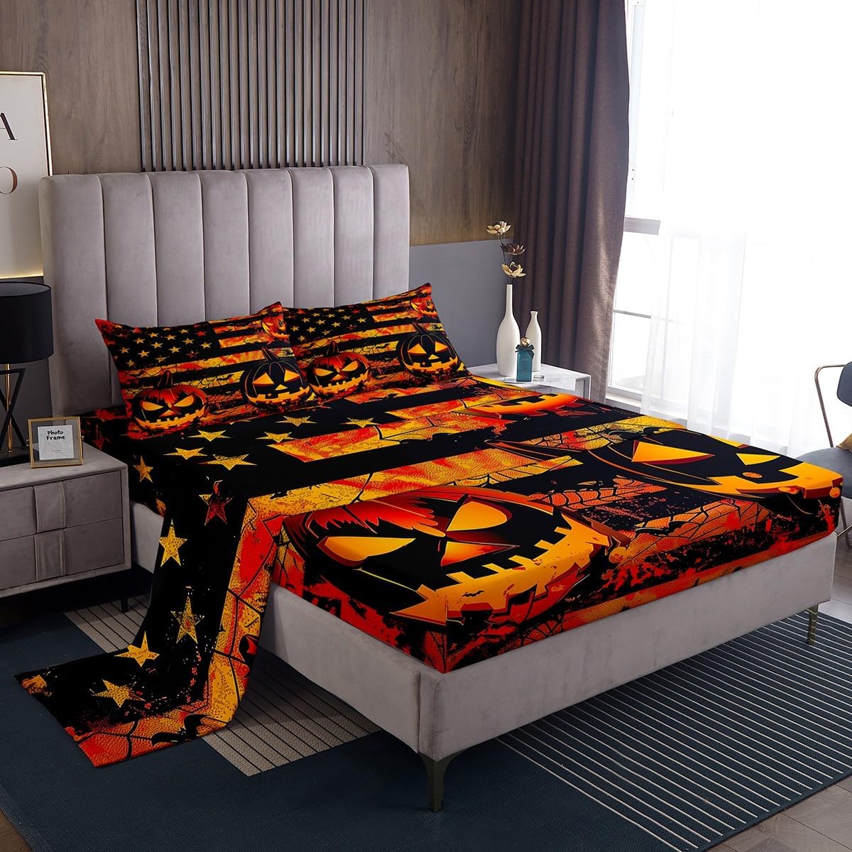 Feelyou Halloween Pumpkin Bed Sheets Set Queen Size Halloween Decor Deep Pocket Fitted Sheet American Flag Bedding Sets Gothic Soft Bed Set 4Pcs with 2 Pillow Cases