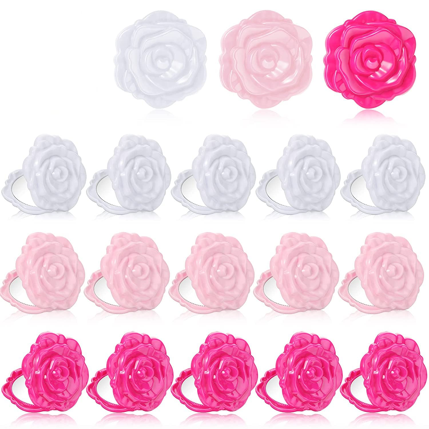SYOSI Handheld Rose Mirrors, Small Mini Rose Flower Plastic Makeup Mirror, Handheld Pocket Foldable Bridal Wedding Party, Compact Mirror Bulk for Women and Girls, 3 Colors, 15 Pcs