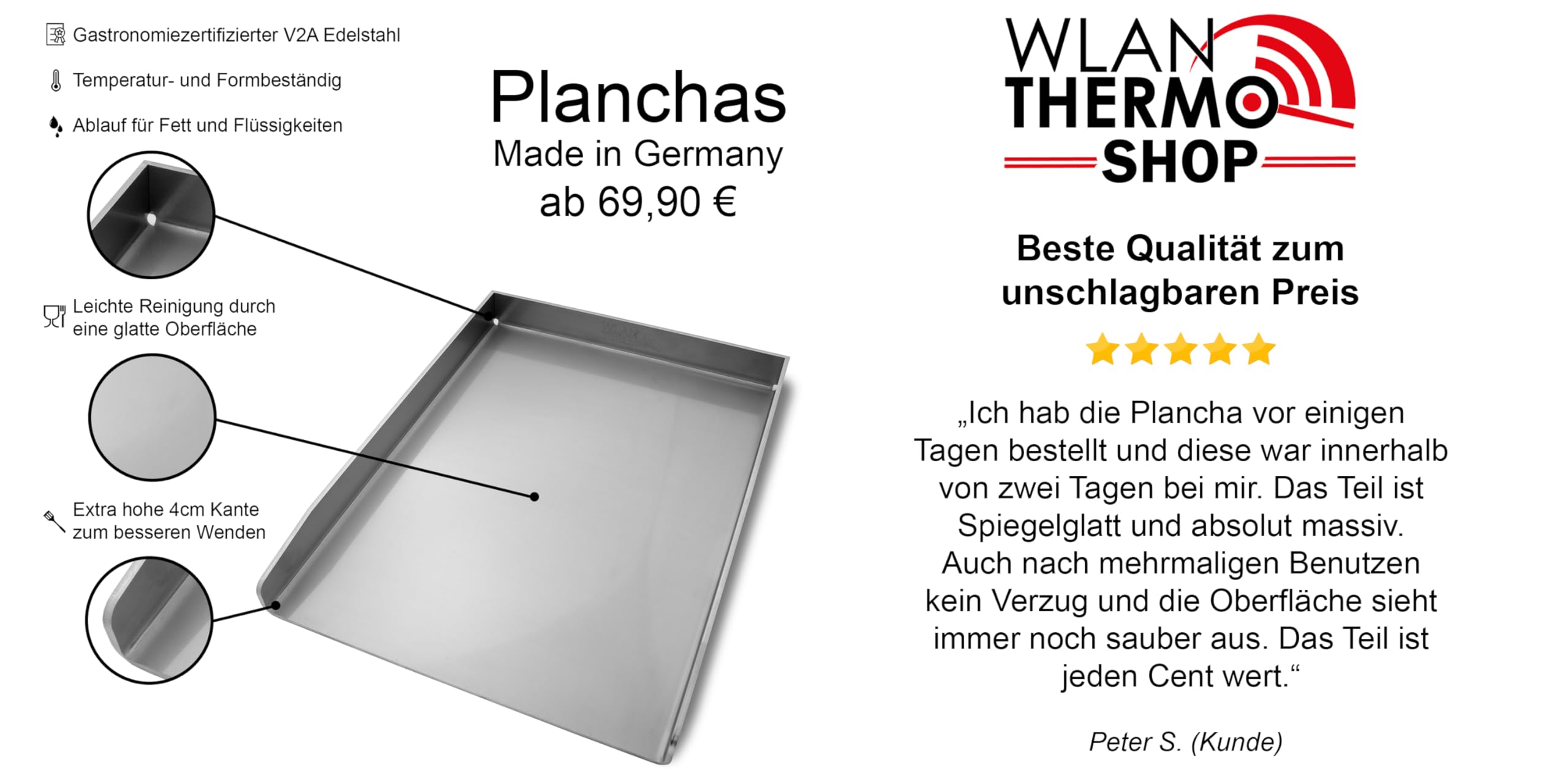 Plancha Edelstahl Grillplatte - passend für Burnhard Fred - Medium 41,5x23,5cm | 4mm Massiv
