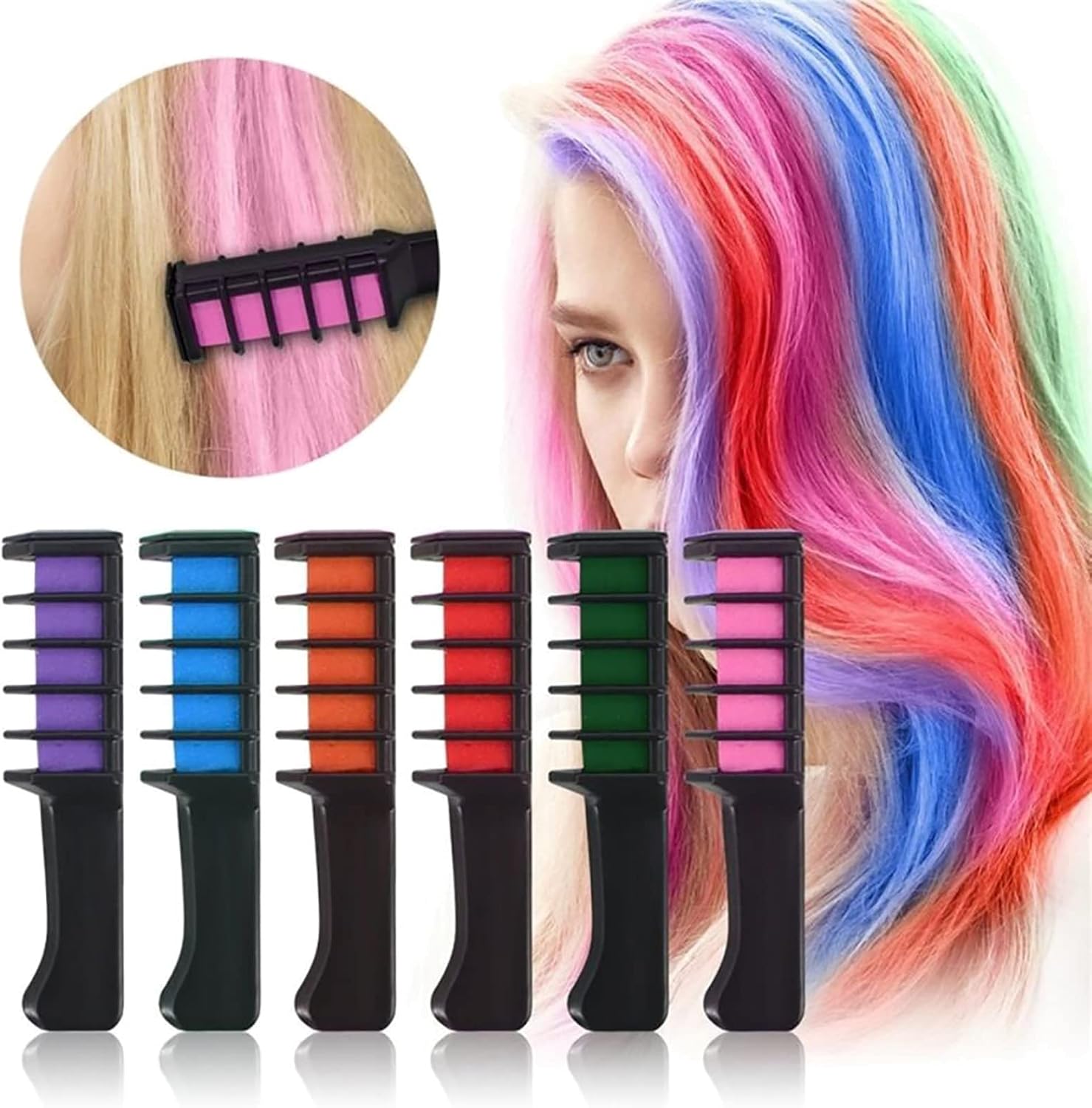 6 Pcs Colourful Hair Chalk Combs Temporary Instant Washable Dye Rainbow Pastels - Image 3