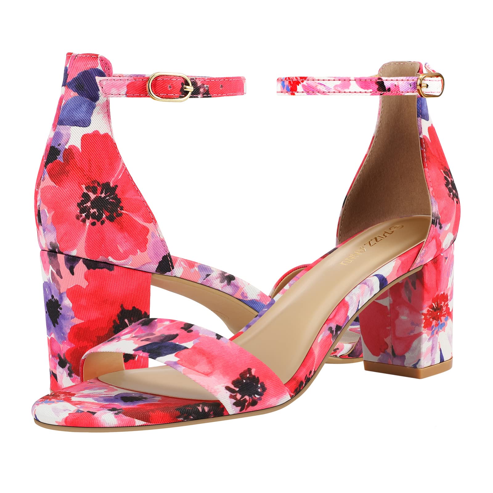 PIZZ ANNU Women's Open Toe Ankle Strap Low Block Chunky Heels Sandals Party Dress Pumps Shoes Strappy Buckle Sandals with 2.6" Tall Thick Heel Design: 9 Floral