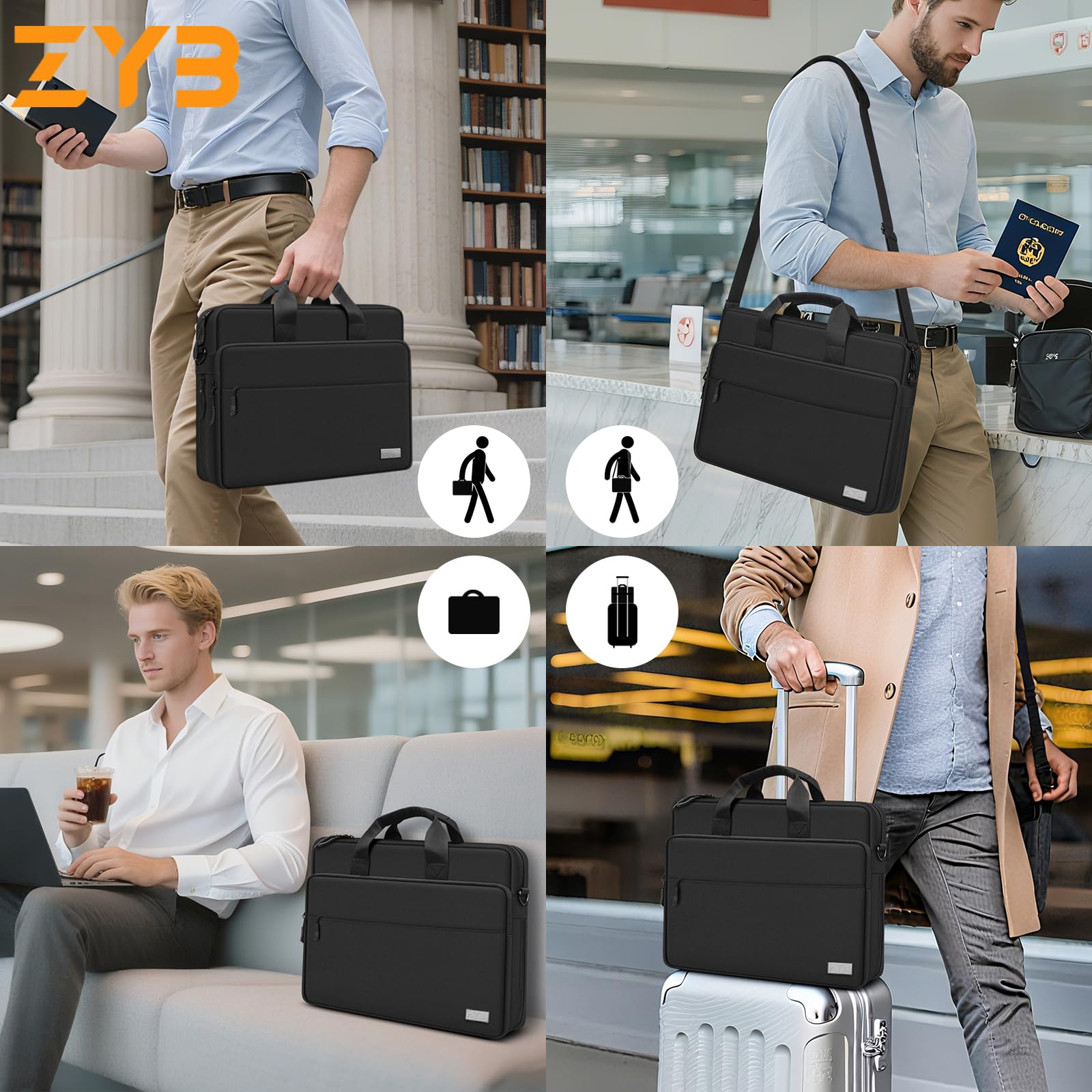 ZYB Grand Capacité Sacoche Ordinateur 15.6-16 Pouces,Étanche Sacoche PC Portable 15.6 16 Pouces Housse Protection Sac à Bandoulière Pochette pour 15-15.6" Laptop/Lenovo/HP/Dell/Acer/MSI/ASUS etc-Noir