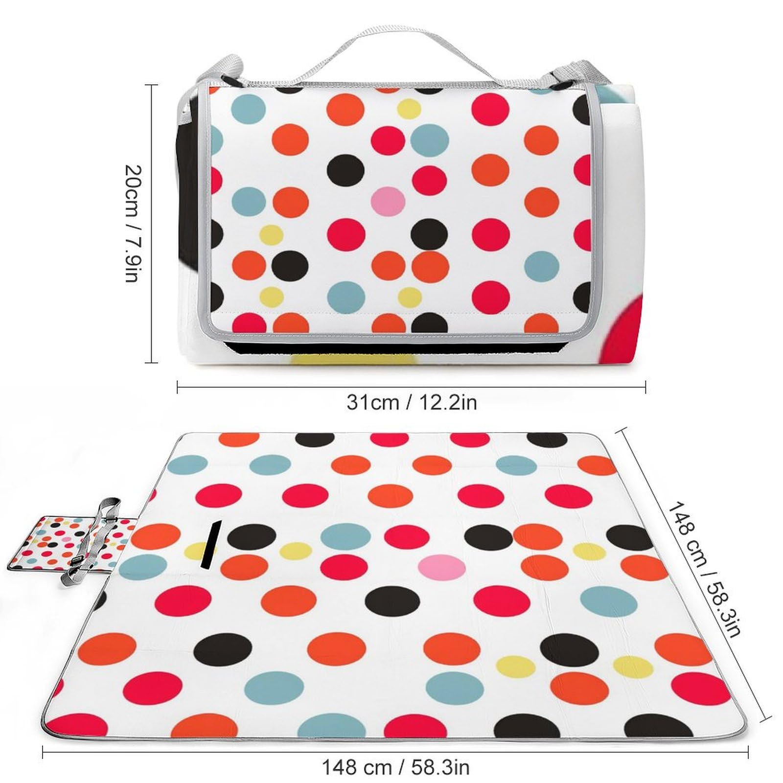 Coperta da picnic da spiaggia, coperta da picnic con stampa a pois, impermeabile, pieghevole, extra large, tappetino quadrato da picnic, per escursioni, viaggi, campeggio all'aperto, parchi