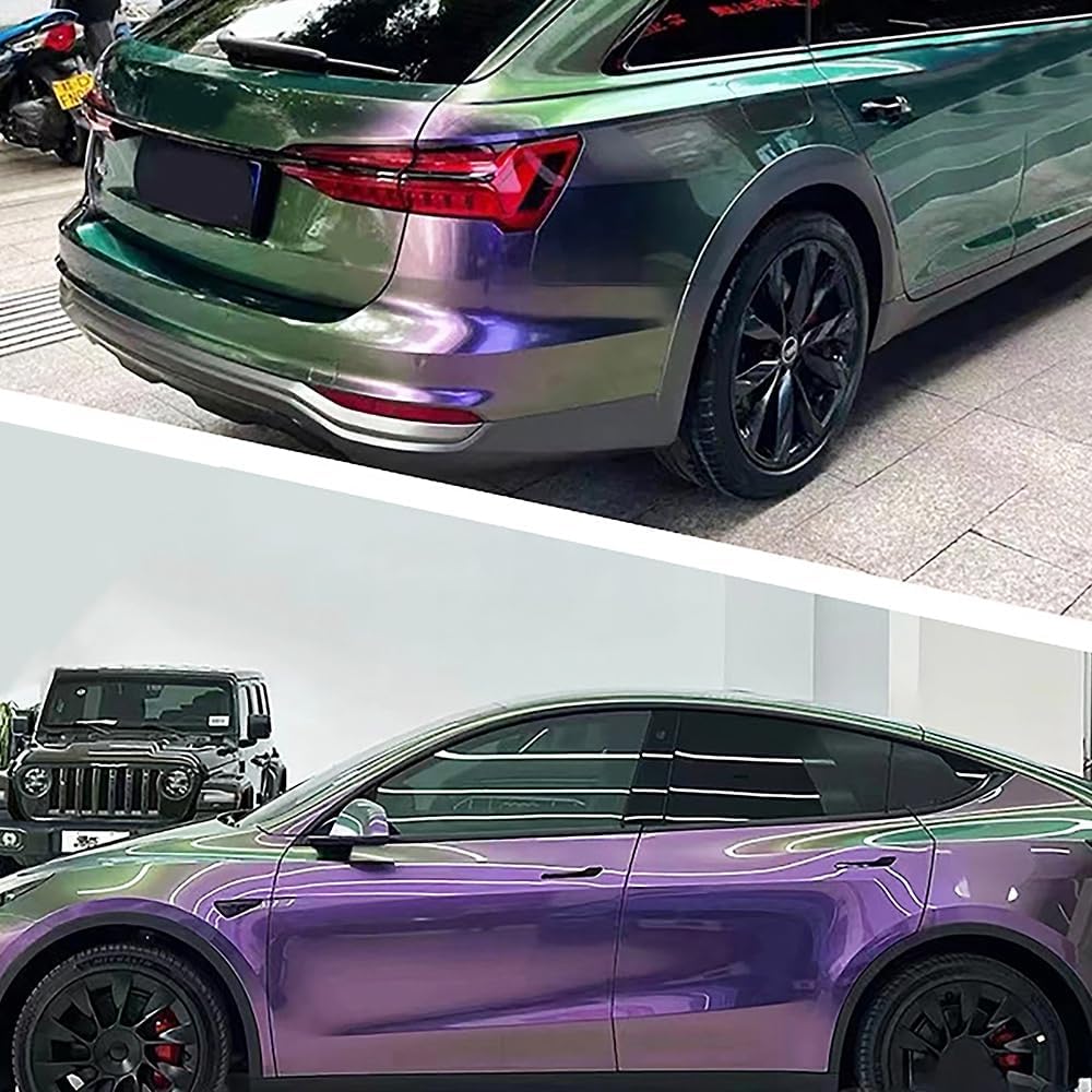 Blueshyhall Gloss Metallic Car Wrap Vinyl Roll Purple to Green Chameleon with Air Release DIY Auto Body Sticker Decal Film Glitter Sparking Color Change 5ft x 3.3ft
