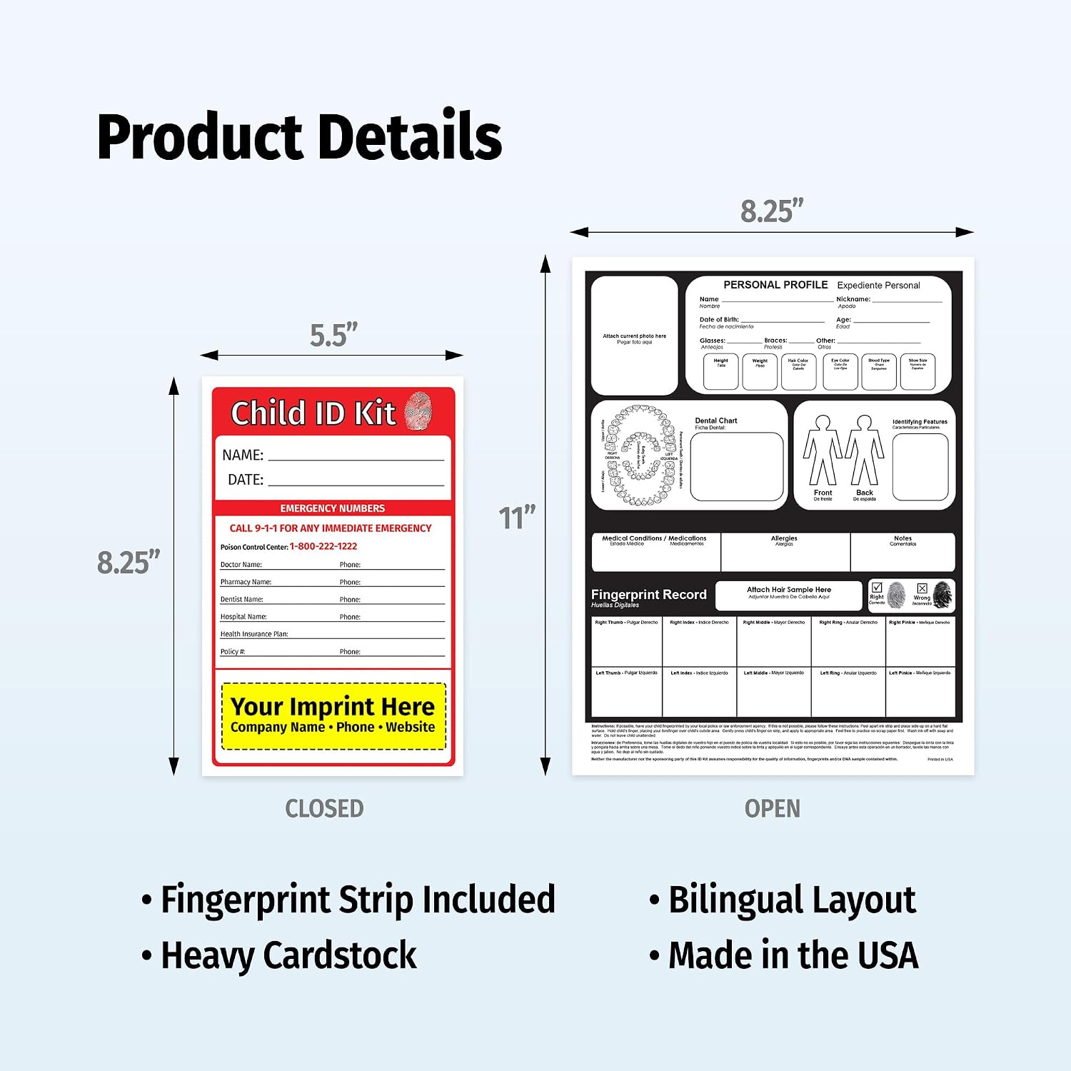ZOCO – Custom Child ID Fingerprinting Kits (100-Pack) – Identification Cards with Ink Strip – Promotional Safety Handouts with Logo/Imprint for Schools, Fire, Police – Emergency Preparedness Tool