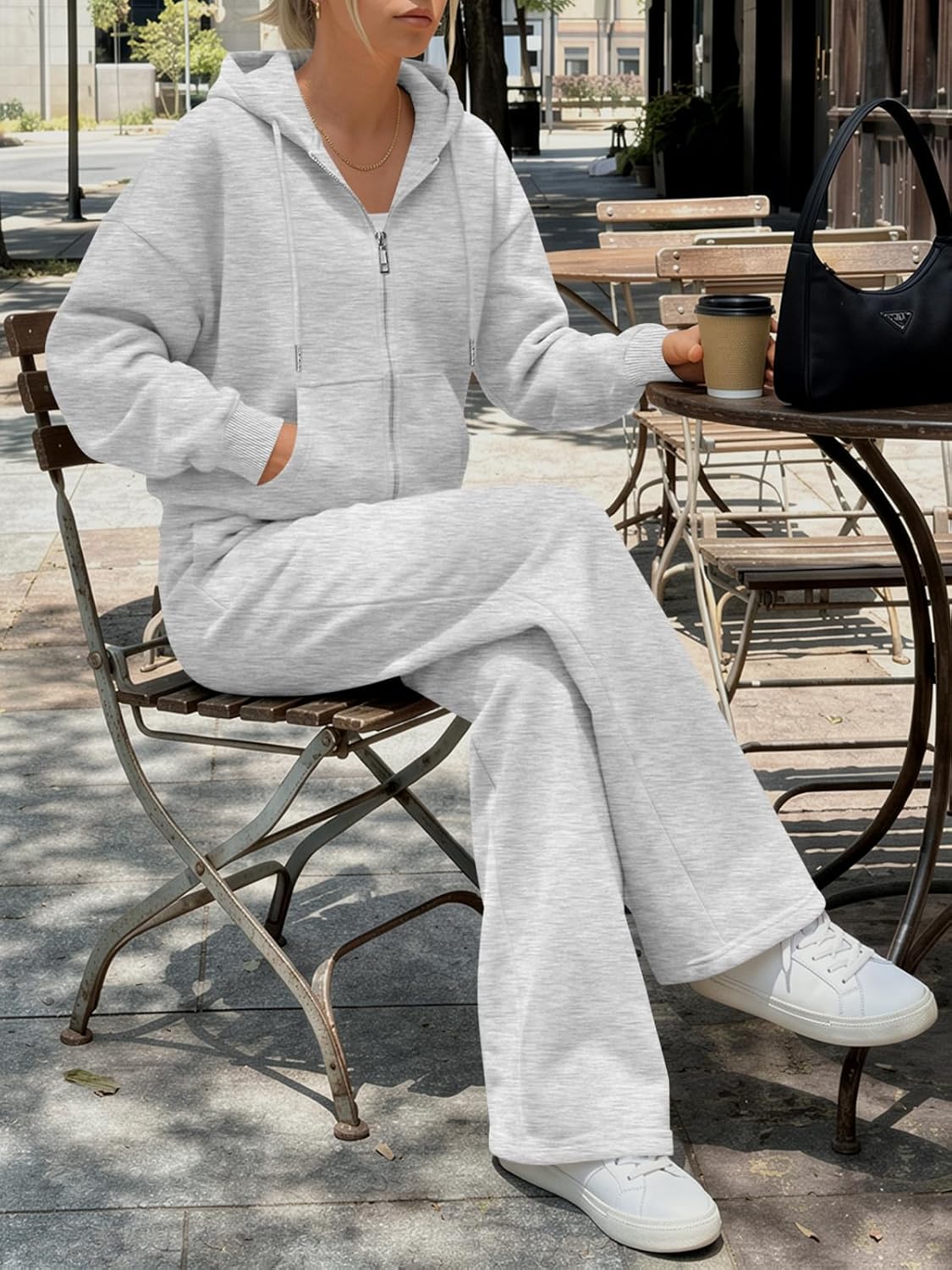 Trendy Queen Womens 2 Piece Zip Up Hoodie Sweatsuits Wide Leg Lounge Sets