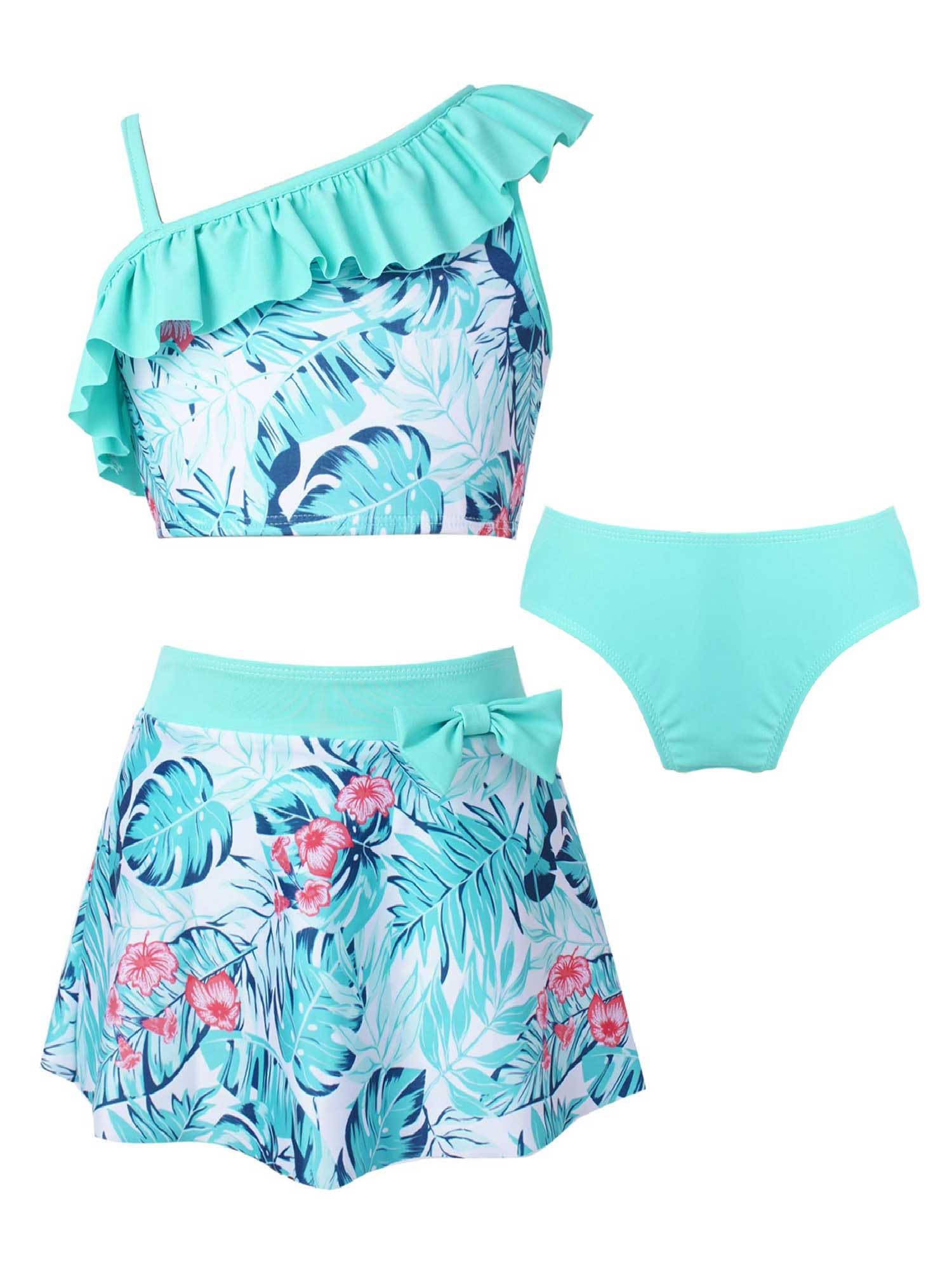 IEFIEL Traje de Baño de Tres Piezas para Niñas Crop Top y Braga Bikini de Natación Bañador con Falda Ropa de Playa Piscina Surf 5-16 Años