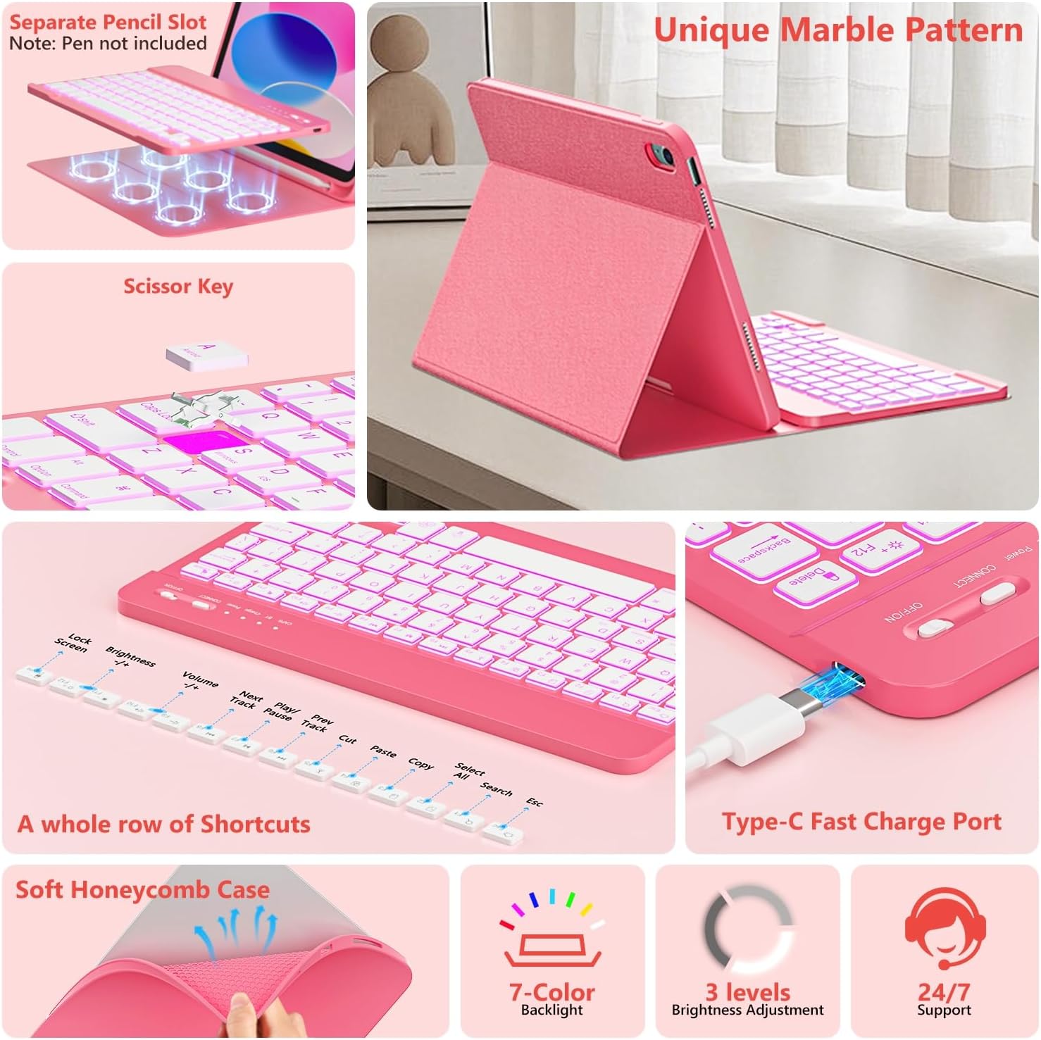 FUWANG for iPad A16 11th 10th Generation Case with Keyboard, Magnetic Detachable 7-Color Backlit Folio Cover Keyboard Case for iPad (A16) 11th 11 inch/10th Gen 10.9 inch with Pencil Holder, Pink - Image 5