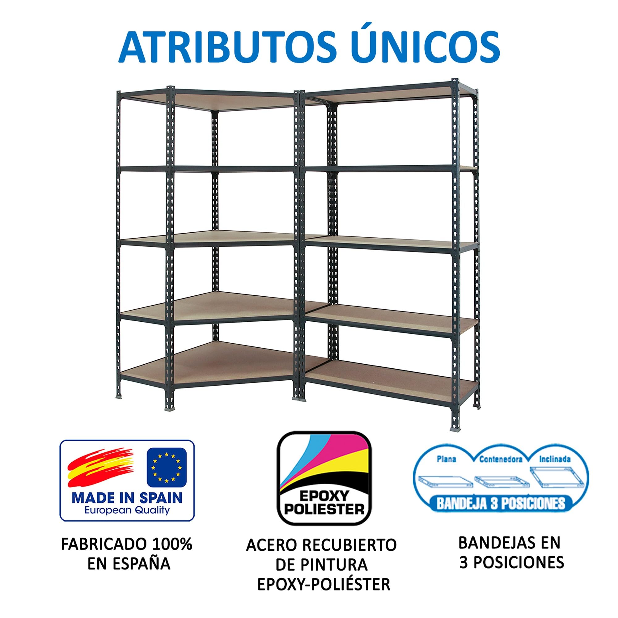 Simon Rack Estanteria Esquina Metalica, 1800x1800x500 mm, 5 Baldas Madera, 200 kg de Punto Flexión, Estanterías Almacenaje, 1 Módulo Extra, Antracita/Madera - Maderclick Corner