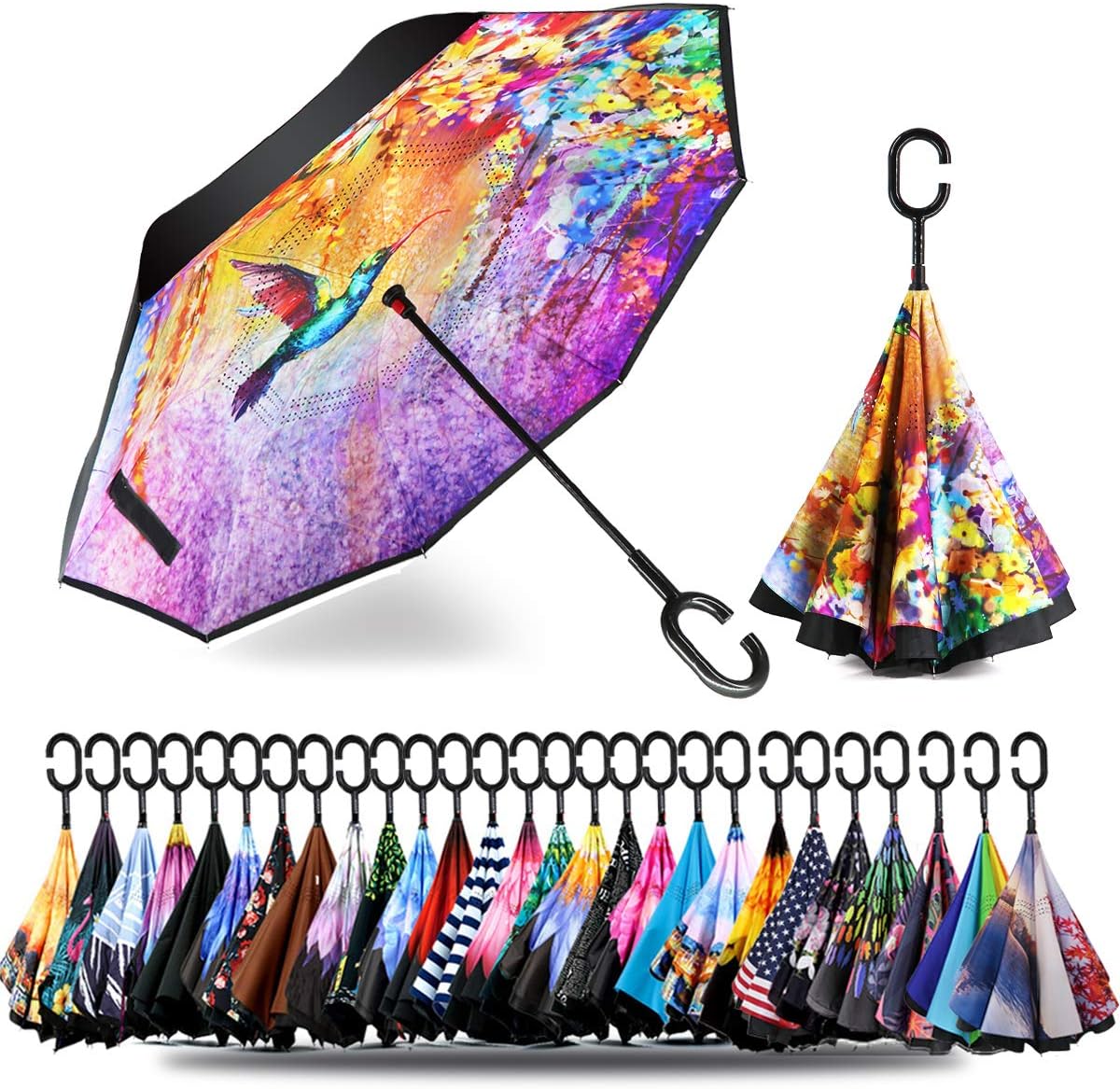 49/56 Inch Inverted Reverse Upside Down Umbrella, Extra Large Double Canopy Vented Windproof Waterproof Stick Golf Umbrellas with C-shape Handle.