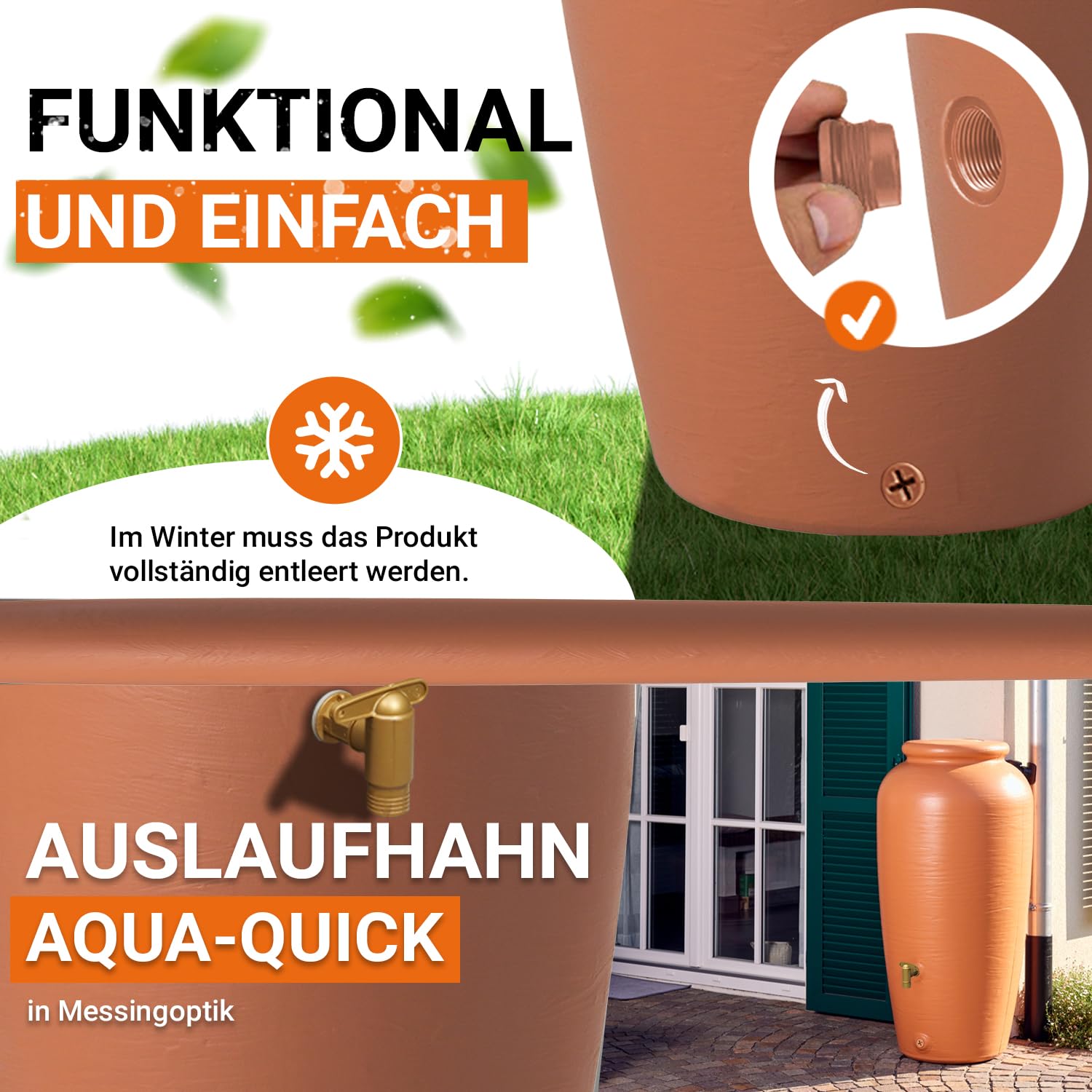 GARANTIA Amphore Regentonne Komplett-Set 300 Liter terrakotta | inkl. Kunststoff-Auslaufhahn und Fallrohranschluss, Regentonne 300 Liter, Regenfass, Wassertank, Wassertonnen für Garten