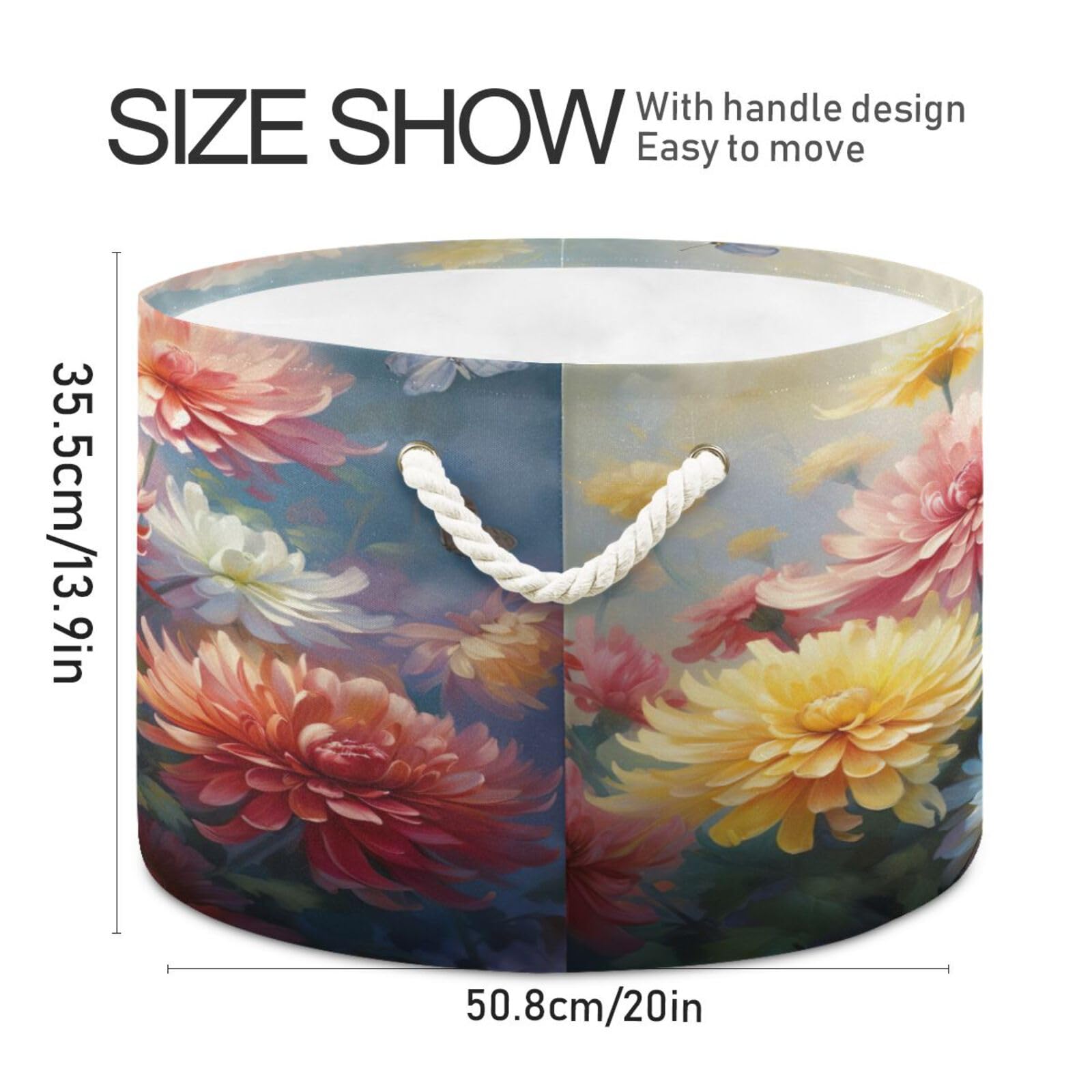 Round 7butterfly Chrysanthemums Spring Storage Basket Large Organizer Bin Laundry Hamper Toy Storage Basket with Handle for Nursery Clothes Toys 202b3964