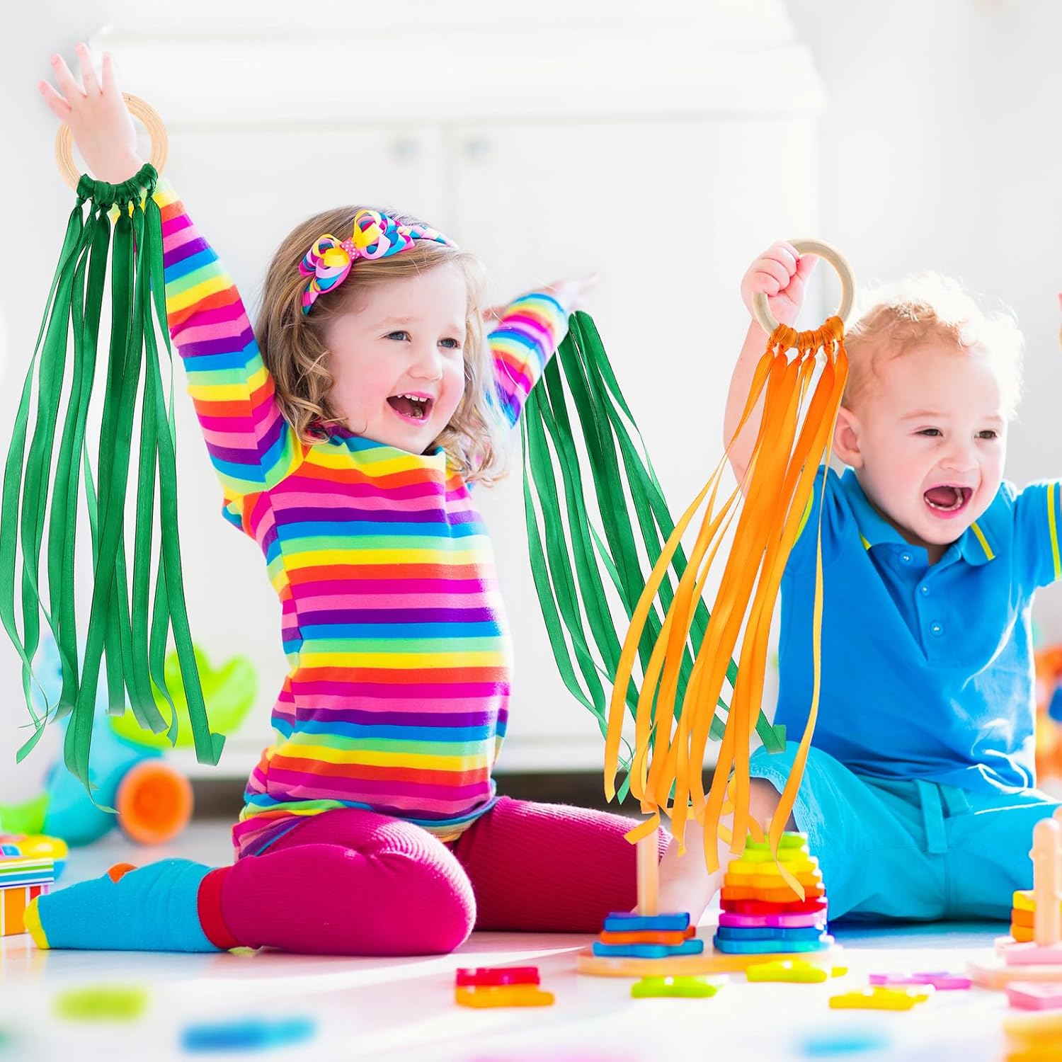 Deekin 12 Pcs Rainbow Ribbon Wooden Waldorf Toys Creative Waldorf Hand Kite Set Streamers with Wood Ring Educational Toy for Playroom Dancing Birthday(Stylish Color)