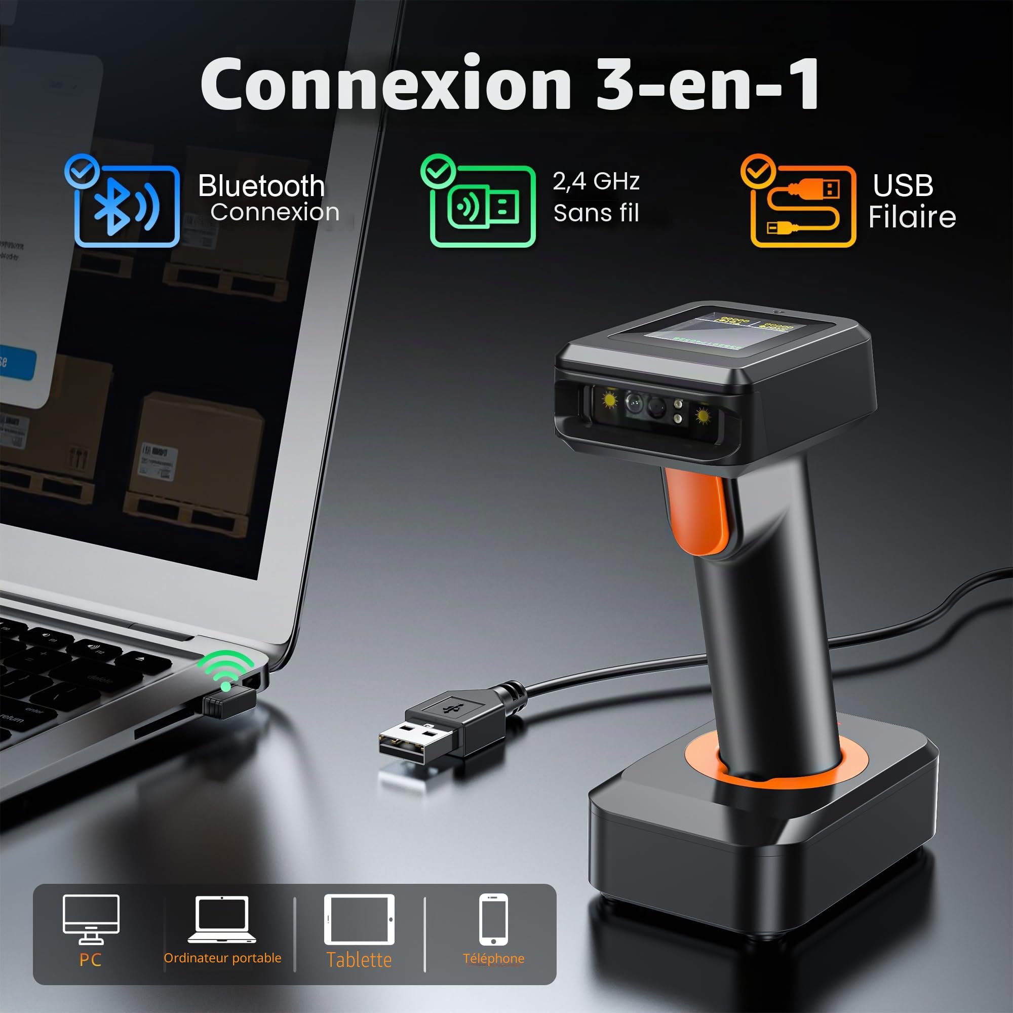 Tera Scanner de Codes-Barres 2D sans Fil Bluetooth avec écran d'affichage et Base de Charge