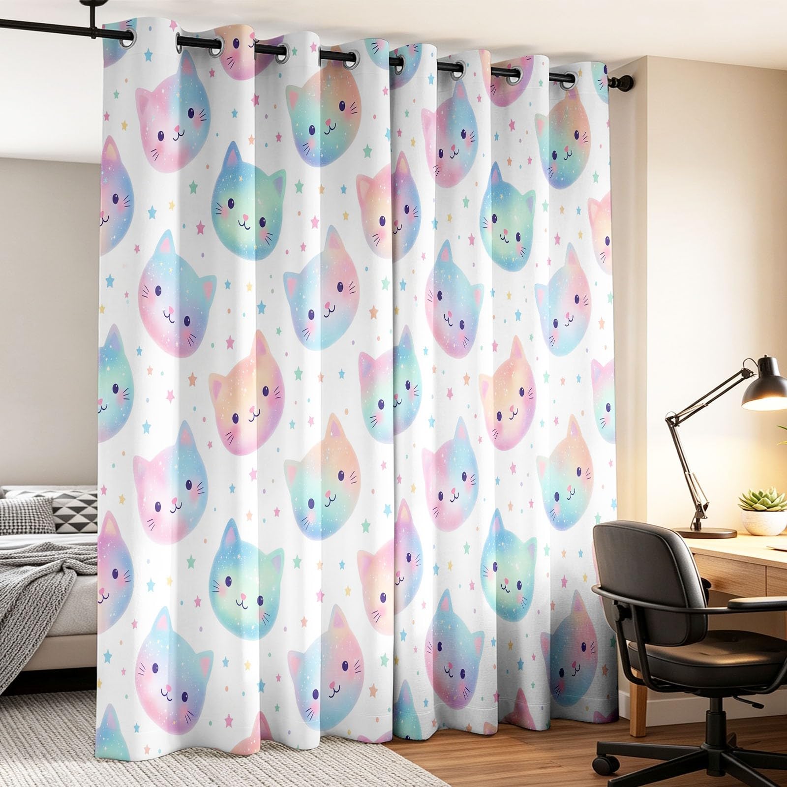 Cortina opaca con diseño de dibujos animados de ensueño con diseño de gato y lunares, arco iris, reducción de ruido, cortinas opacas con ojales, para salón, dormitorio, habitación infantil, decoración