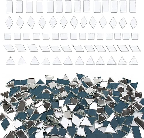 Azulejos de espejo de mosaico, 7.05 oz de azulejos de espejo plateado para manualidades, 4 formas de mosaico de vidrio real piezas para bricolaje