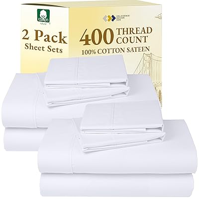 California Design Den 2-Pack Sheet Sets King Size - 400 Thread Count 100% Cotton Sateen - Extra Soft, Breathable & Cooling Sheets, Wrinkle Resistant, 2 Sets of Deep Pocket Bed Sheets - Bright White