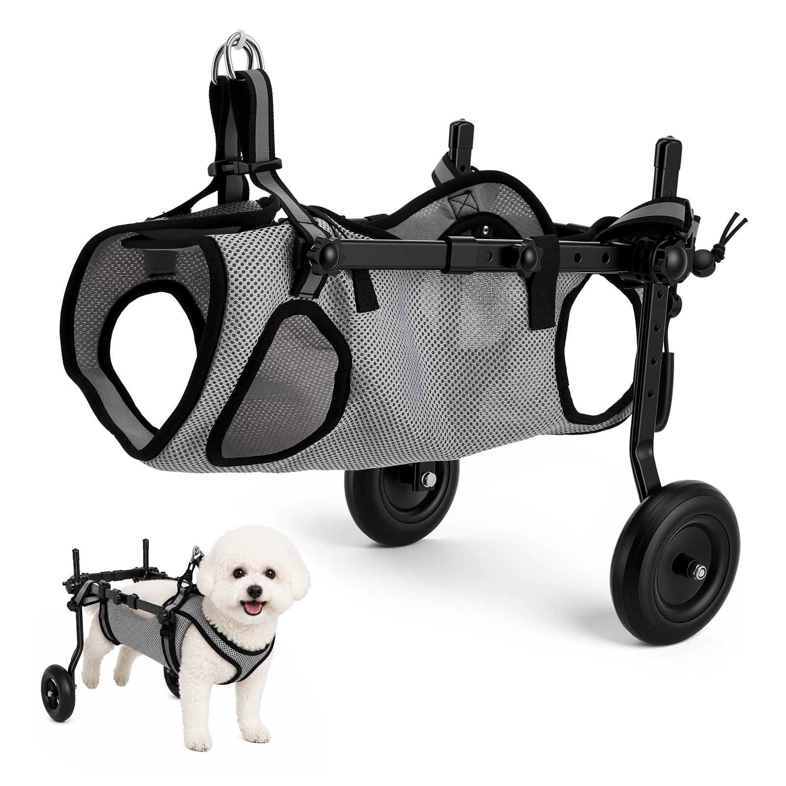 Hunderollstuhl für Hinterbeine, Leichter 2-Räder Haustierrollstuhl, Höhe, Breite & Länge verstellbar, Hundewagen mit stoßdämpfenden Rädern, für verletzte, behinderte Hunde, Reha & Alltag