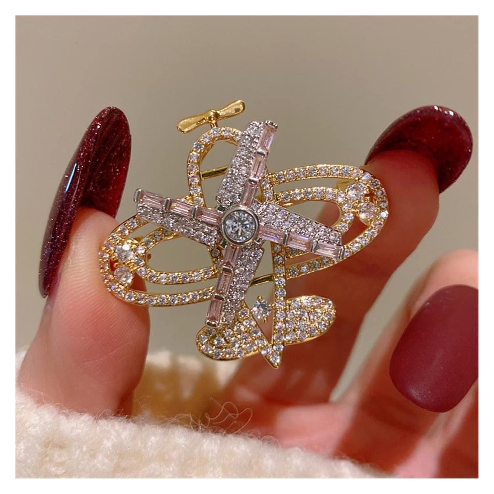 Funkelnde Spinner-Flugzeug-Brosche mit kubischem Zirkonia, vergoldet, weibliche Broschen, Anstecknadeln, Schmuck