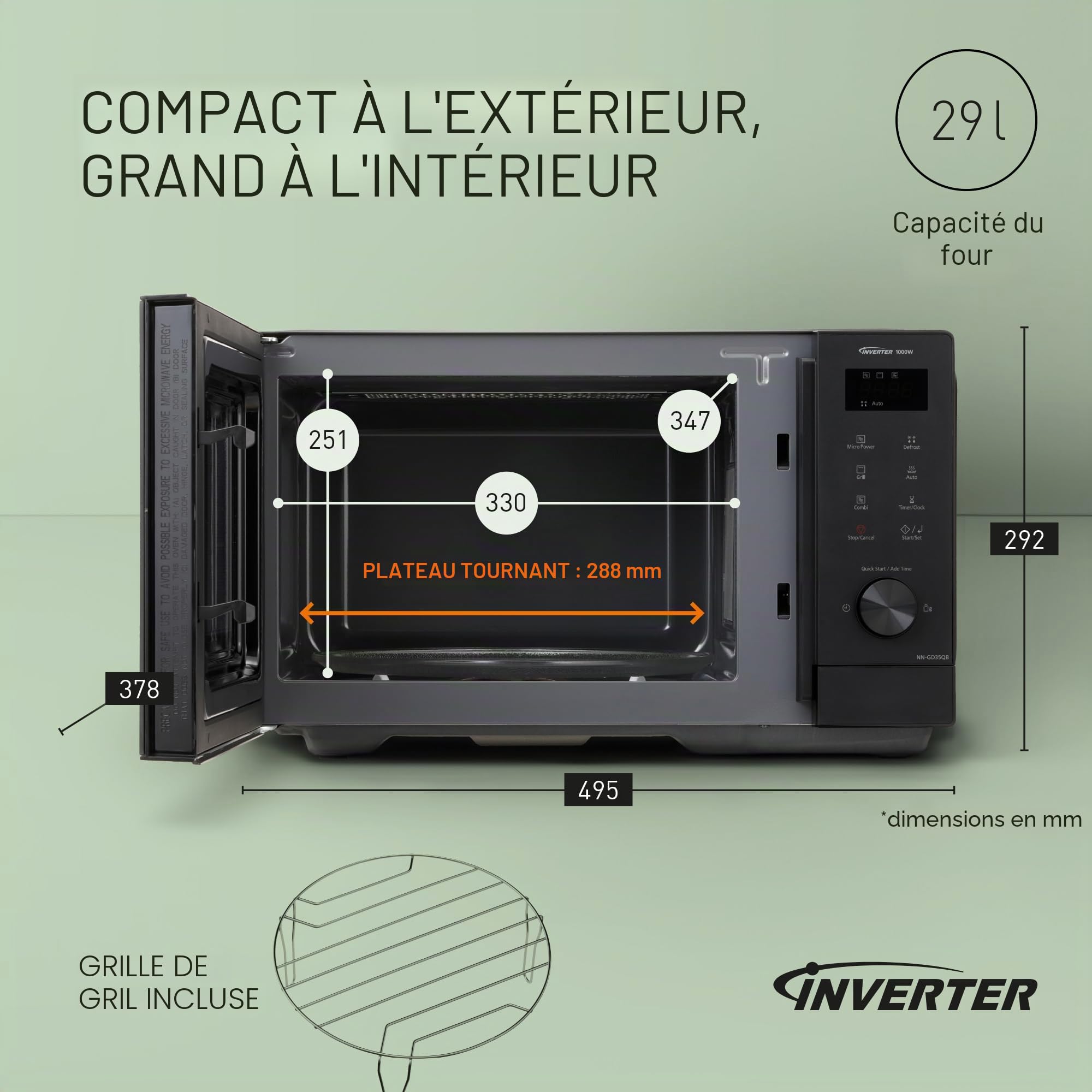 Panasonic NN-GD35QBEPG 29L Micro-ondes pour Barbecue 1000 W Décongélation automatique Cuisson combinée Minuteur Noir
