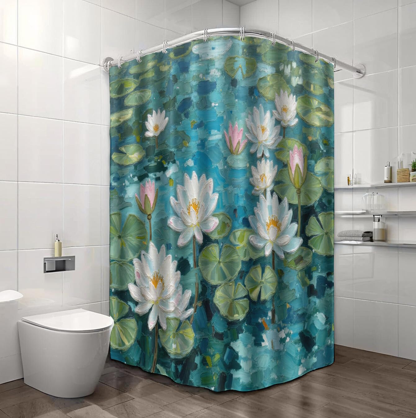 Rideau Douche,Rideau Baignoire Lavable en Machine Rideaux Douche Tissus Lavable Rideau De Baignoire Lavable pour Salle De Bain Domicile Baignoire Famille,Feuilles De Nénuphar,