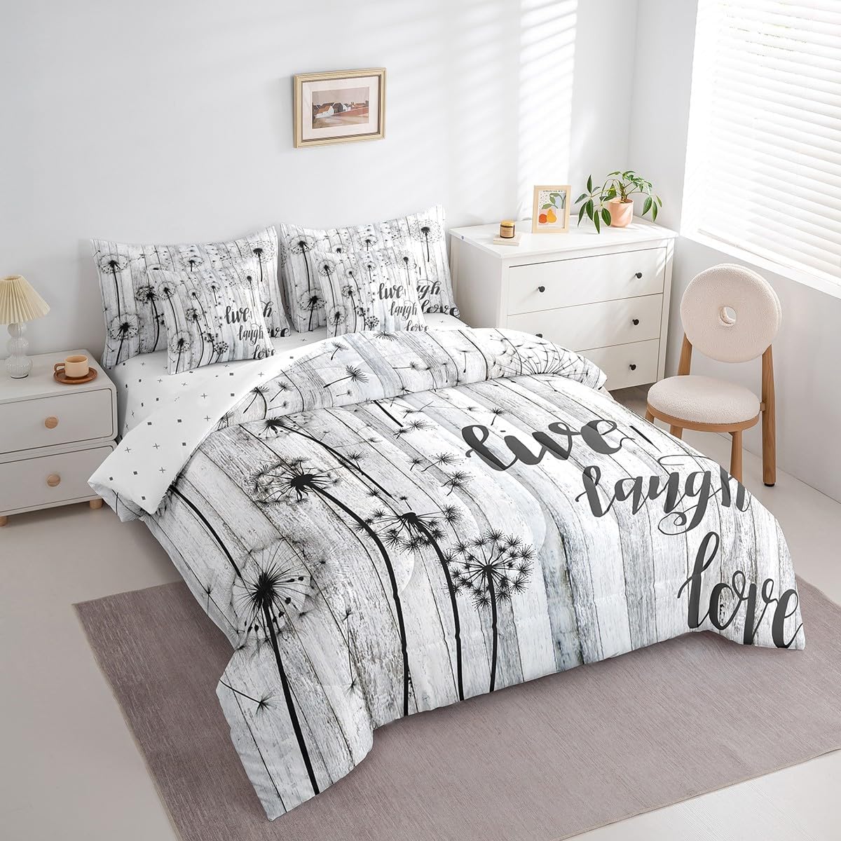 Erosebridal Dandelion Comforter for Kids Girls, Rustic Farmhouse Fitted Sheet Queen Size Country Flower Flat Sheet Floral Pillow Cases Wooden Door Fences Throw Pillow Covers, Grey White