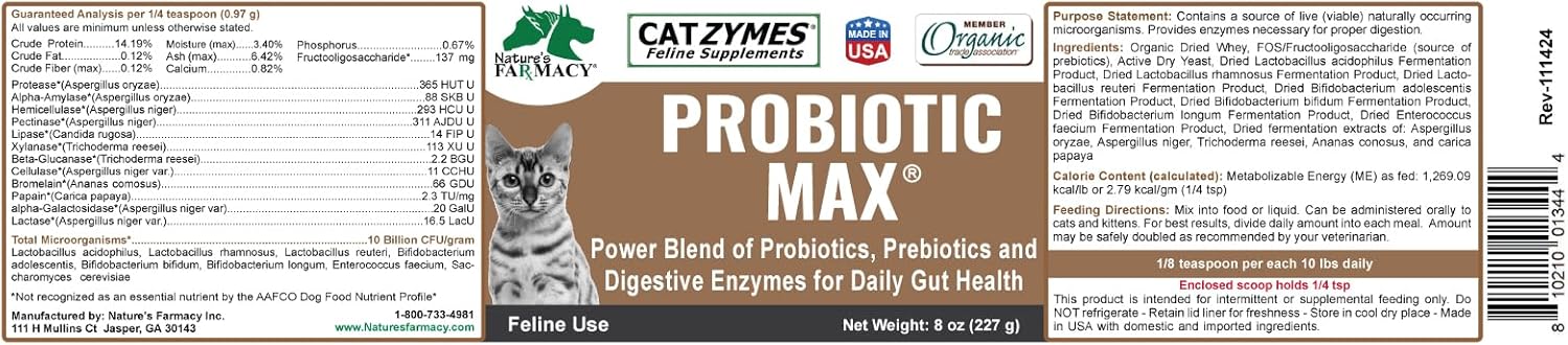 Probiotic Max - 10 Billion CFU per Gram - Prebiotics - 8 Live Beneficial Microorganisms Probiotics and 12 Digestive Enzymes in an Organic Whey Base 8oz