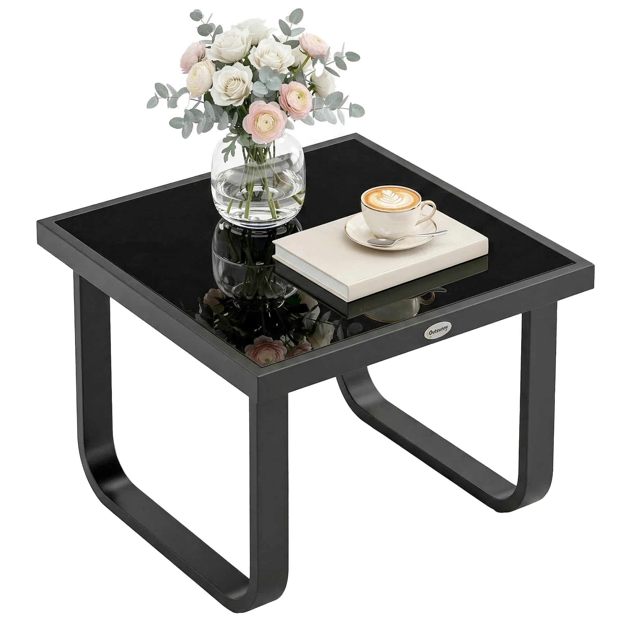Outsunny Metal Garden Coffee Table, Outdoor Rectangle Side Table with Tempered Glass Tabletop and Adjustable Foot Pads for Terrace, Balcony, Patio, 90 x 45 x 33 cm, Black — view 10