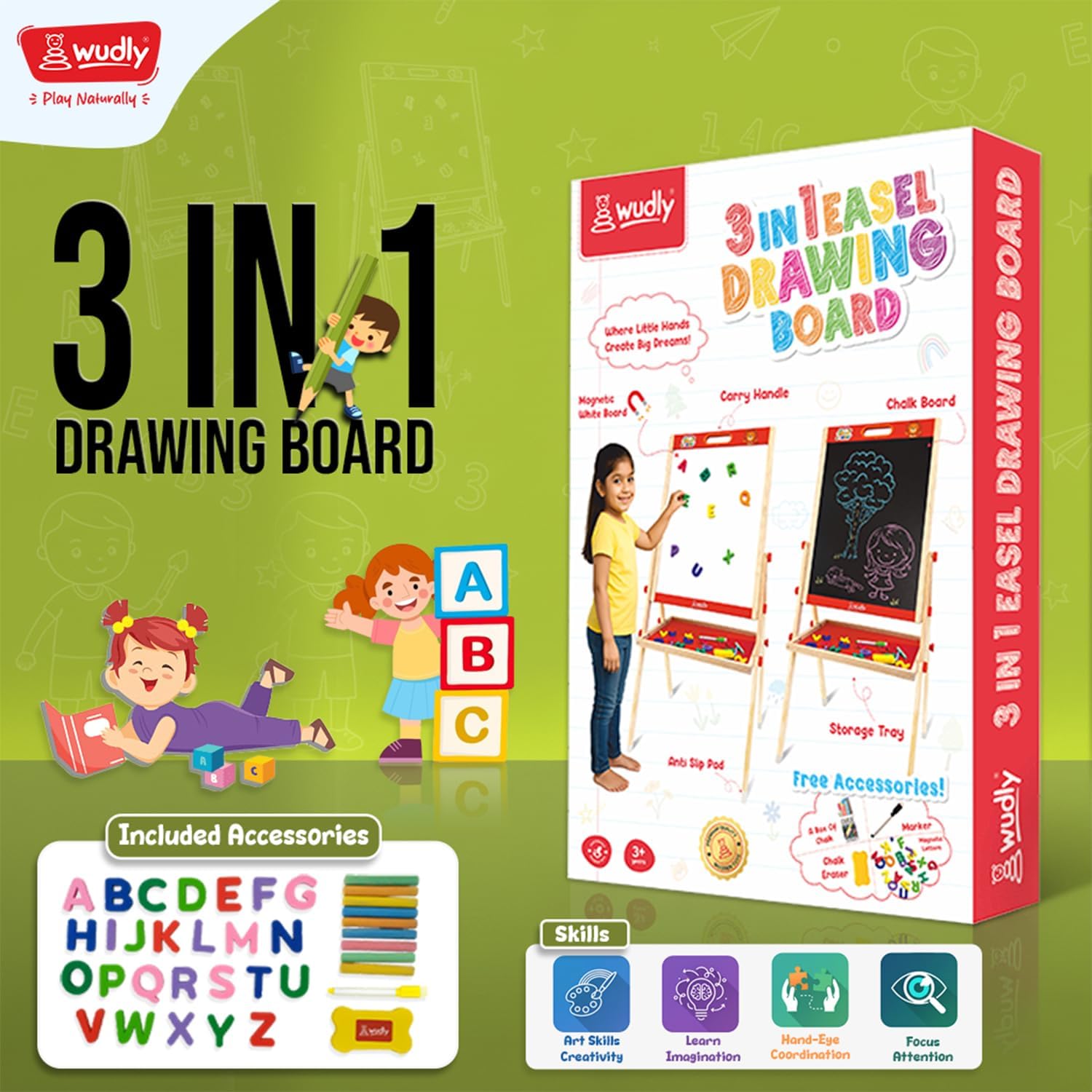 WUDLY® 3-in-1 Wooden Easel Board for Kids – Double-Sided Chalkboard & Whiteboard with Magnetic Letters, Marker, Duster & Chalk, Learning Drawing & Writing Board for Children 1
