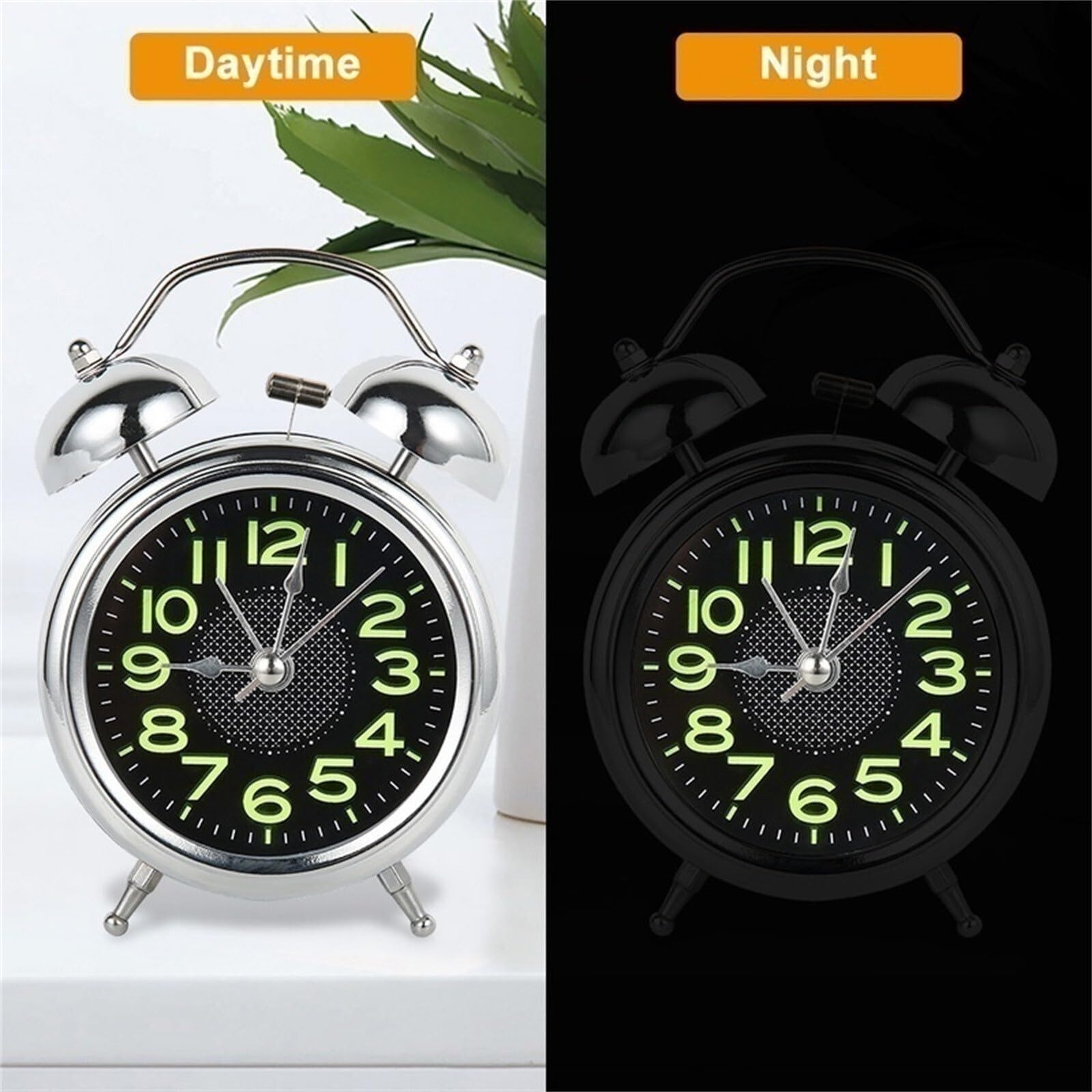 despertador, Reloj de mesa silencioso metal con luz nocturna, estilo retro