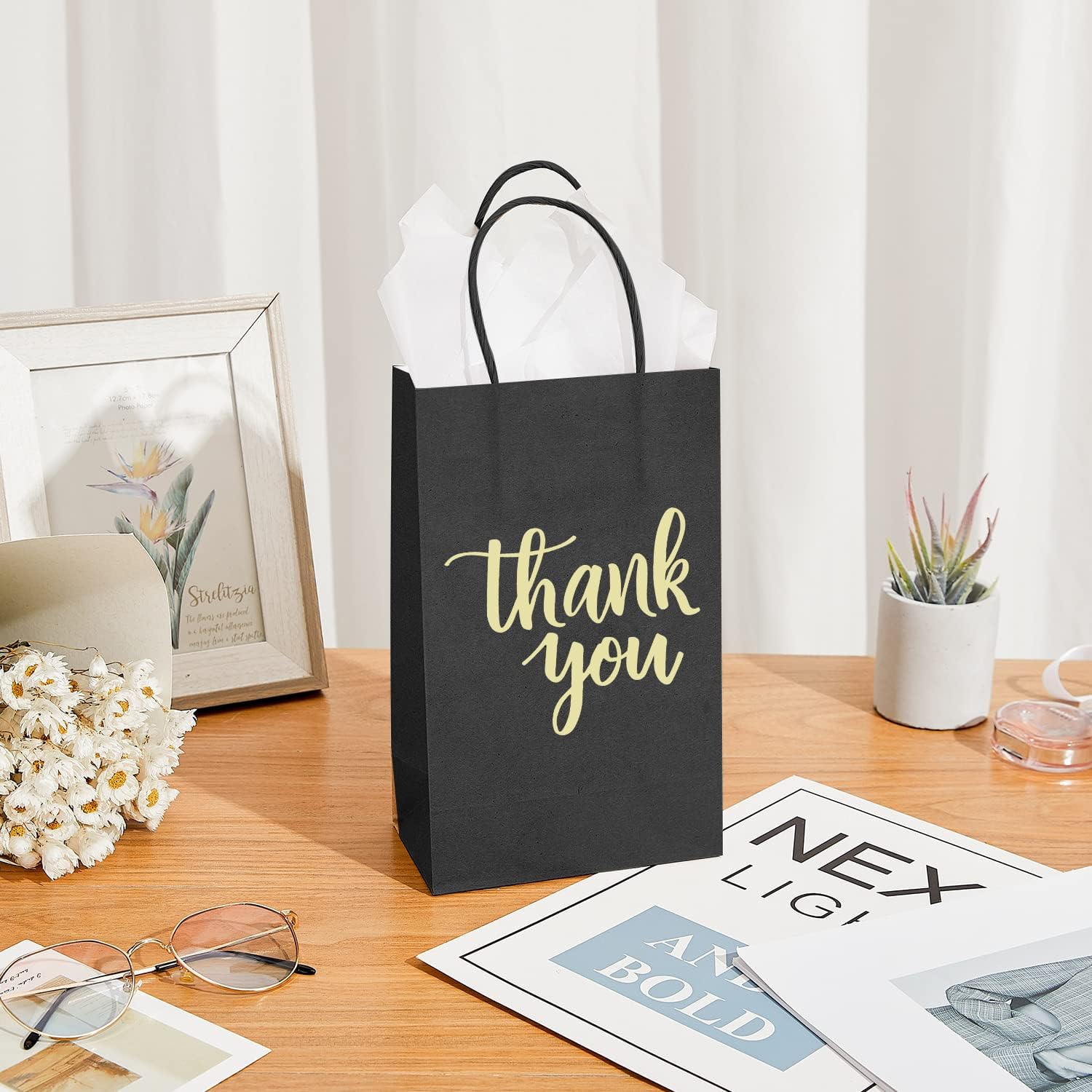 DjinnGlory 50 Pack Small Black Thank You Paper Gift Bags with Handles 9x5.5x3.15 Inch and Tissue Paper for Christmas Gifts, Wedding Bridal Baby Shower Graduation Party Goodies - Image 8